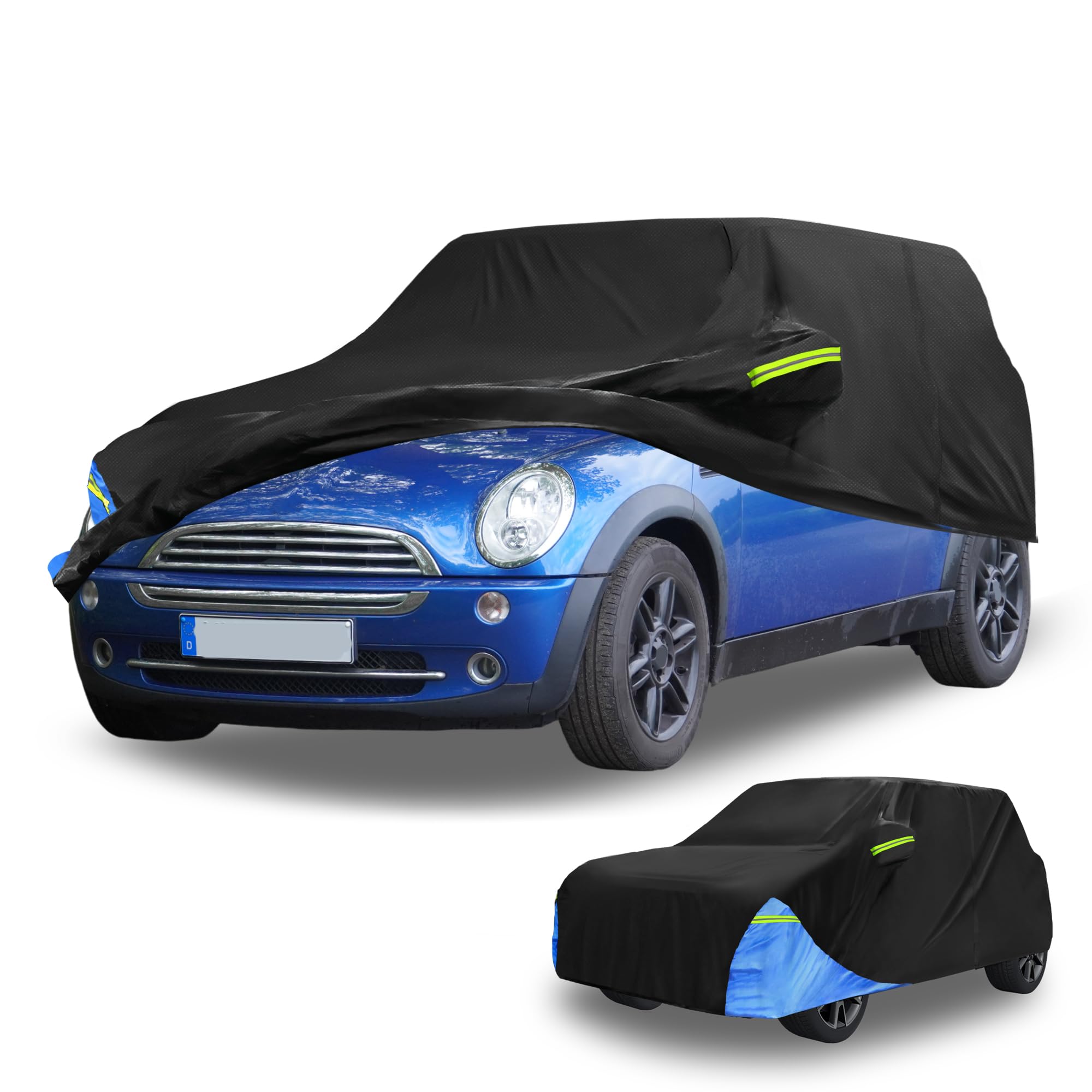 Pokrowiec samochodowy, wodoodporny, na każdą pogodę 210D, ochrona przed słońcem UV, do Mini Cooper 2DR, z zamkiem błyskawicznym po lewej stronie, czarny i niebieski