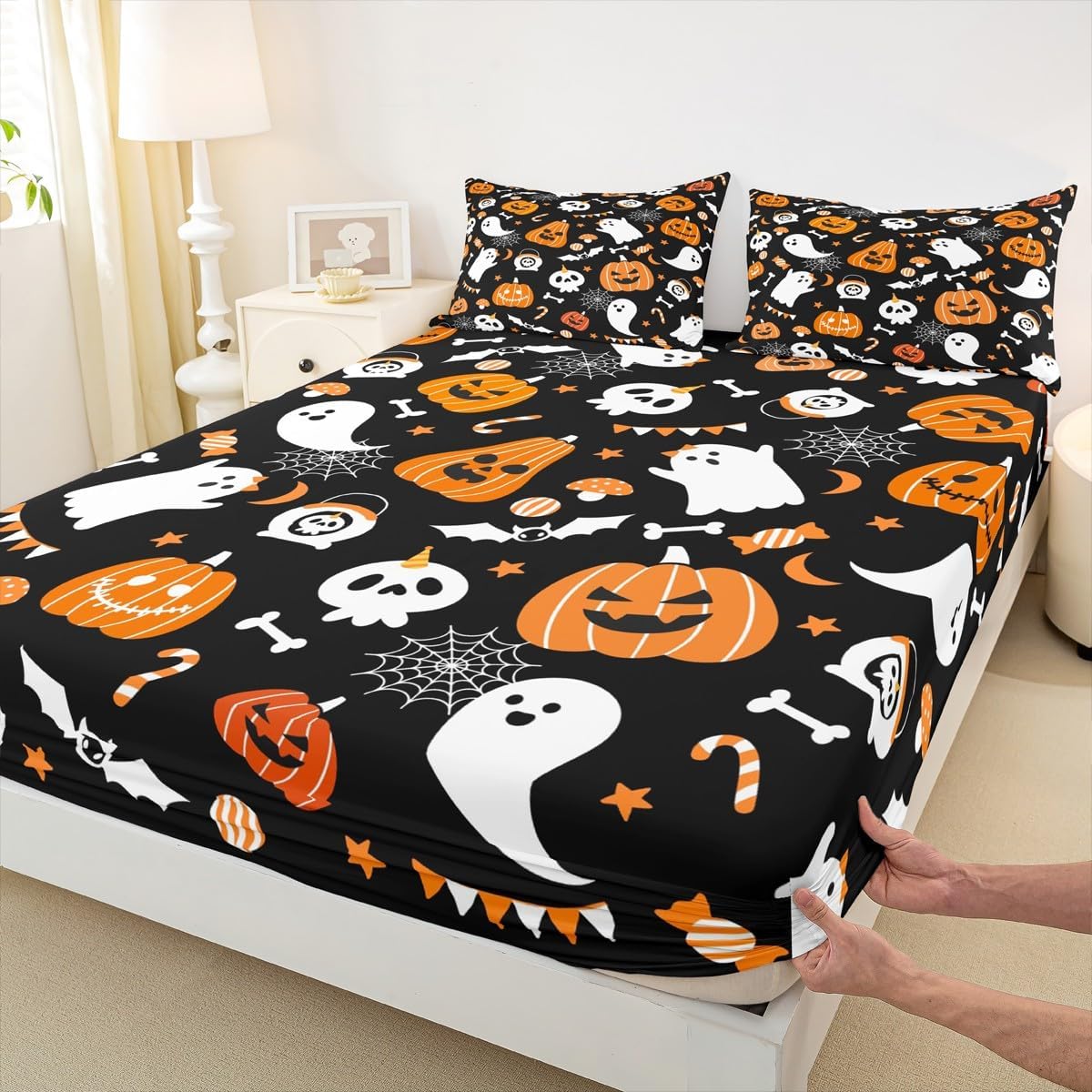 Feelyou Happy Halloween Bed Sheets Set Full Size Kawaii Ghost Printed Deep Pocket Fitted Sheet Pumpkin Bedding Sets Black White Orange Soft Bed Set 4Pcs with 2 Pillow Cases