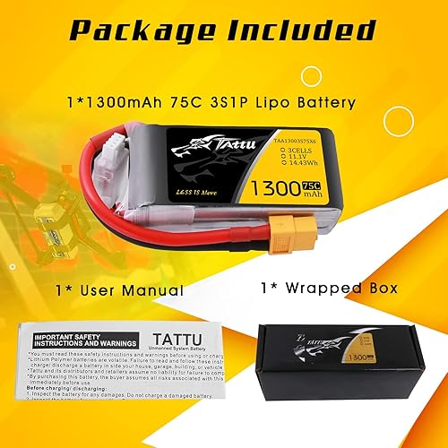 Miniatura 6 de Tattu Batería LiPo de 11.1V 1300mAh 75C 3S con enchufe XT60 para RC Boat Heli Avión UAV Drone FPV Nemesis 240 Mini Skylark M4-FPV 250 Mini