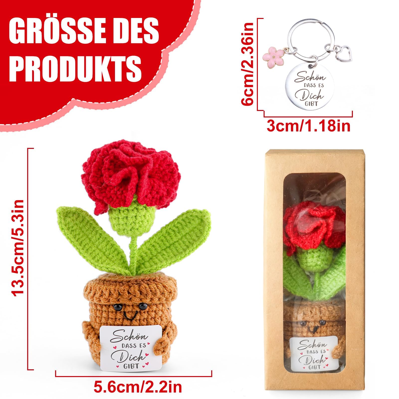 Bambola di garofano lavorata a maglia, regalo per donne, decorazione floreale fatta a mano, con portachiavi "Schön dass Es Dich Gibt", regalo di ringraziamento per mamma, fidanzata, collega, per