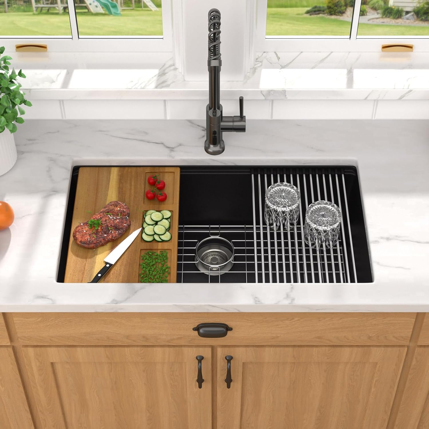 33x19 Black Undermount Kitchen Sink, Granite Composite Single Bowl Workstation All-In One Kitchen Sink, Classic Quartz Composite Sinks with Mixing Bowl, Pasta Strainer #TLGU-125