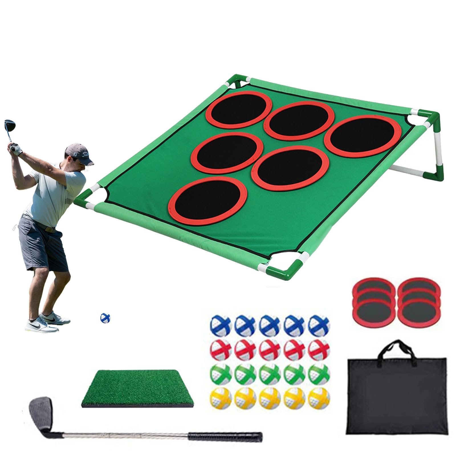 Battle Golf Game Play Set, Golf Chipping Cornhole Game for Adults with 20 Sticky Golf Balls, 6 Hole Covers, Golf Putting Mat & Carrying Bag, Indoor Outdoor Lawn Backyard Golf Gift for Men Kids (1 Set)