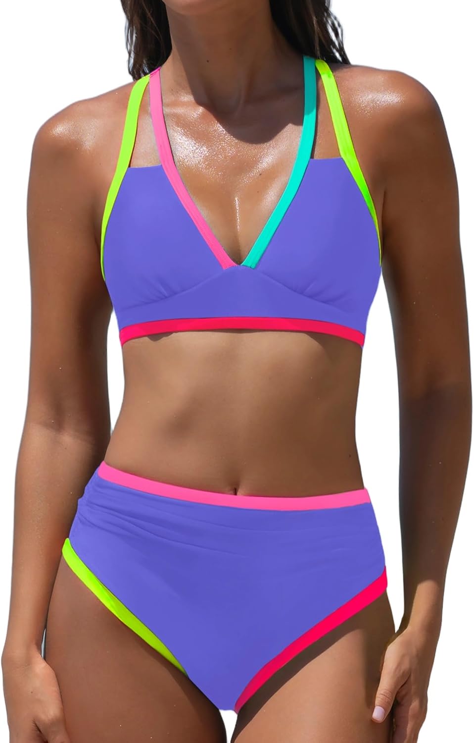 popvil High Waisted Bikini Sets: Neon Swimsuit for Women Tummy Control Push Up Two Piece Bathing Suits