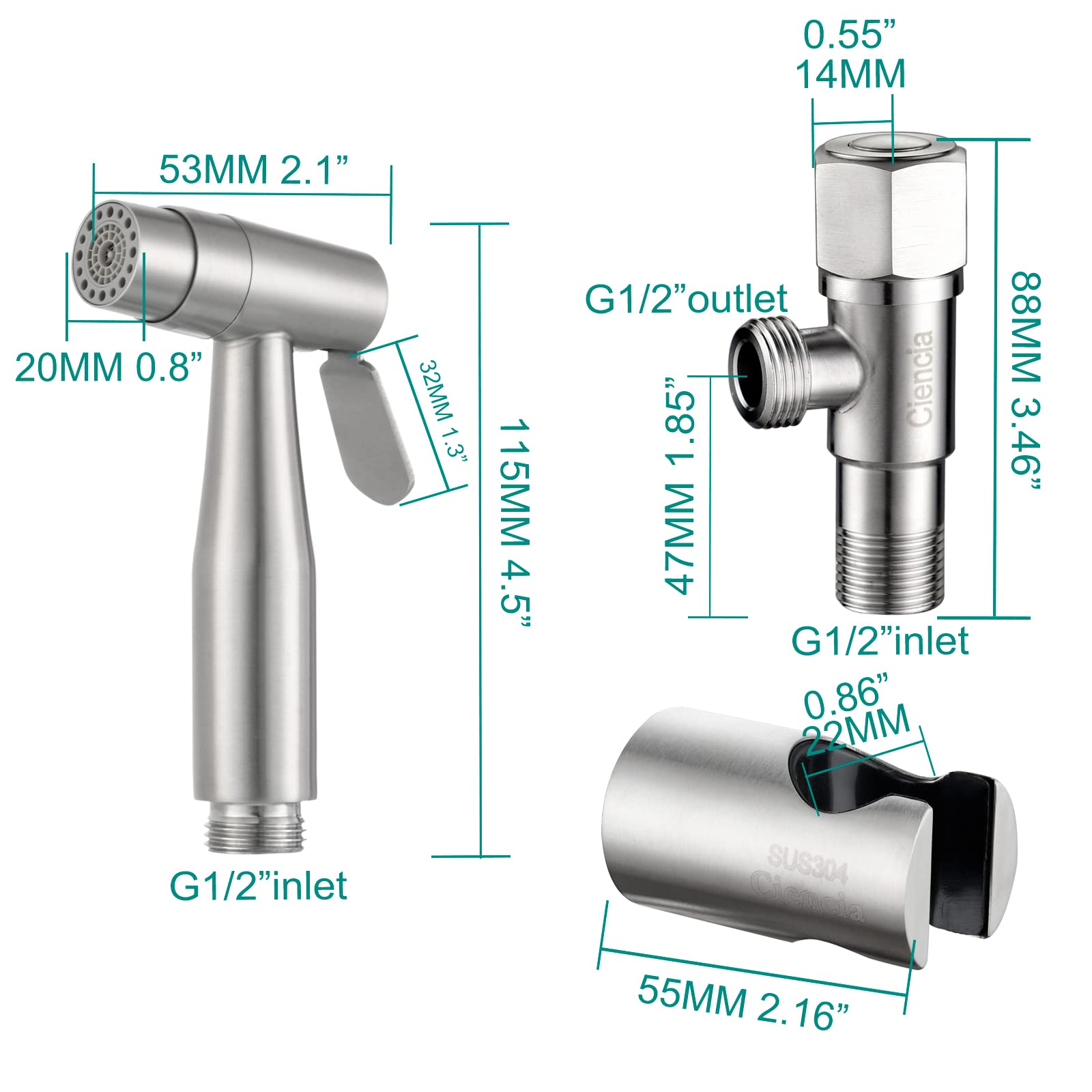 CIENCIA Bidet-Handbrause für Toilette Sprayer Edelstahl Sprüher Shattaf Komplett Bidet Set für WC, WS024AF6