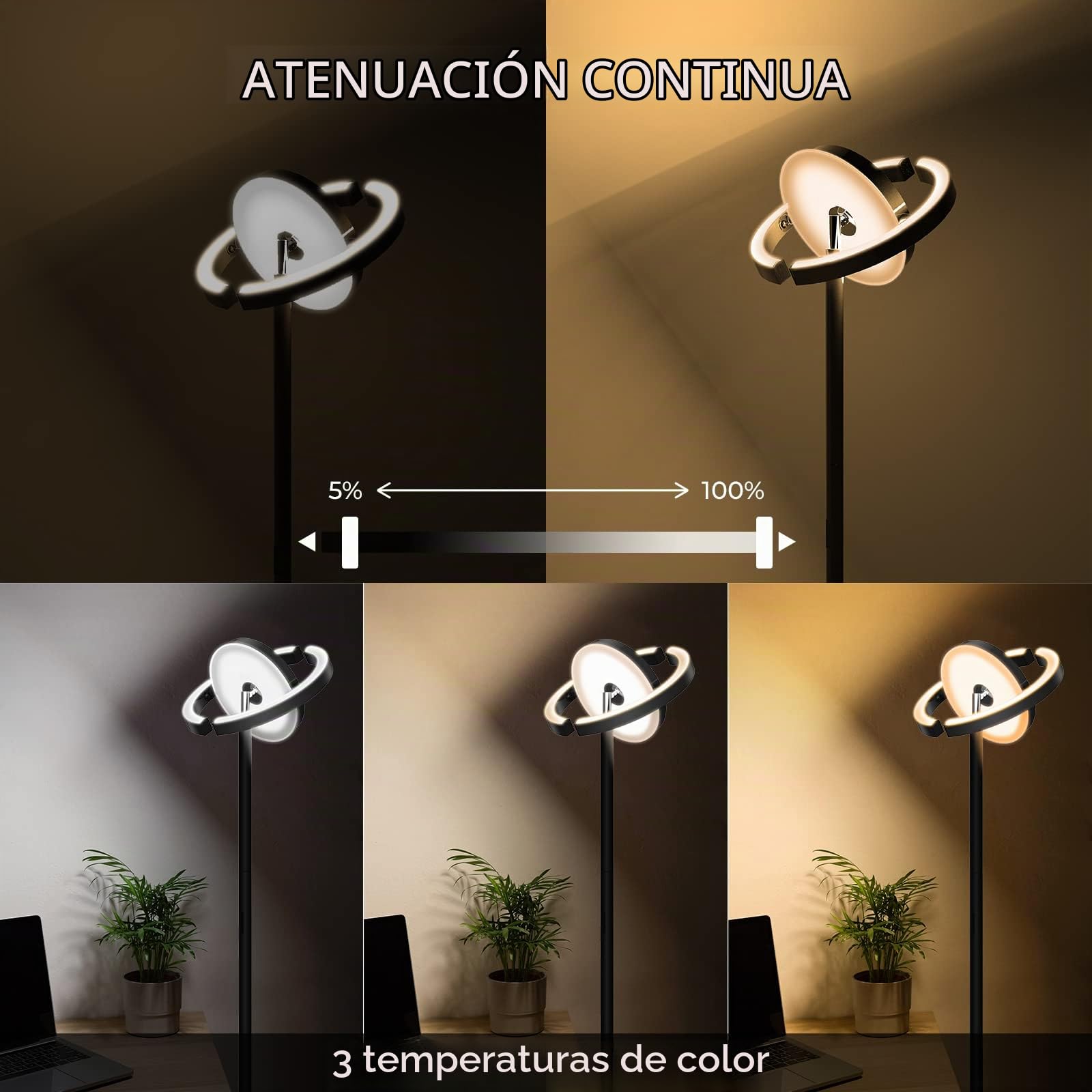 FIMEI Lámpara de Pie, 3 Temperatura de Color y Atenuación Continuas, con Control Remoto y Táctil, Moderna Lámpara de Lectura para Sala de Estar, Dormitorio, Oficina, 36W, Luz Central hacia Abajo