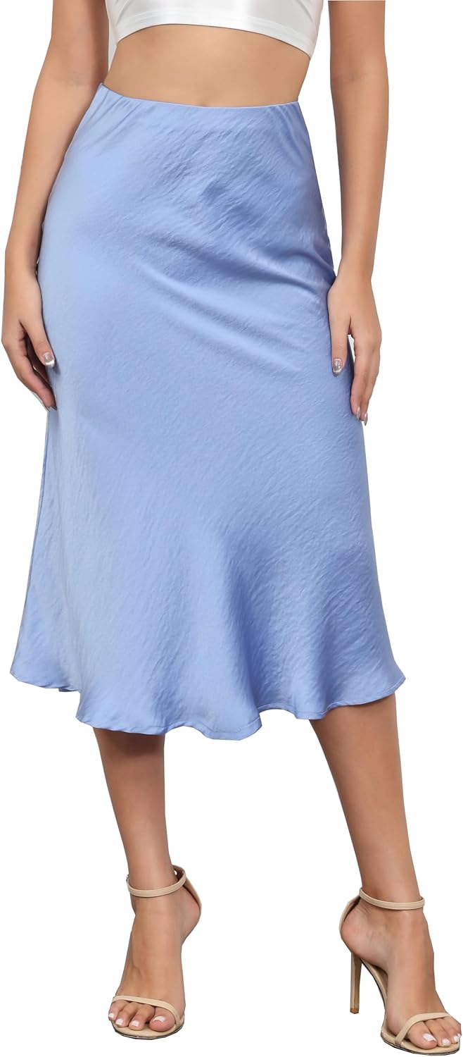 ALCEA ROSEA Womens Satin High Waisted Silky Midi Skirt Elastic A-line Skirt for Wedding Party Work