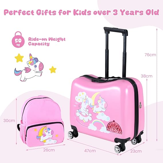 COSTWAY 2PCS Kids Luggage Set, Children Backpack and Ride-on Suitcase with Footrest, Anti-Lose Rope, Travel School Trolley Hardshell Case for Boys Girls (Unicorn, 28cm Backpack + 33cm Suitcase)