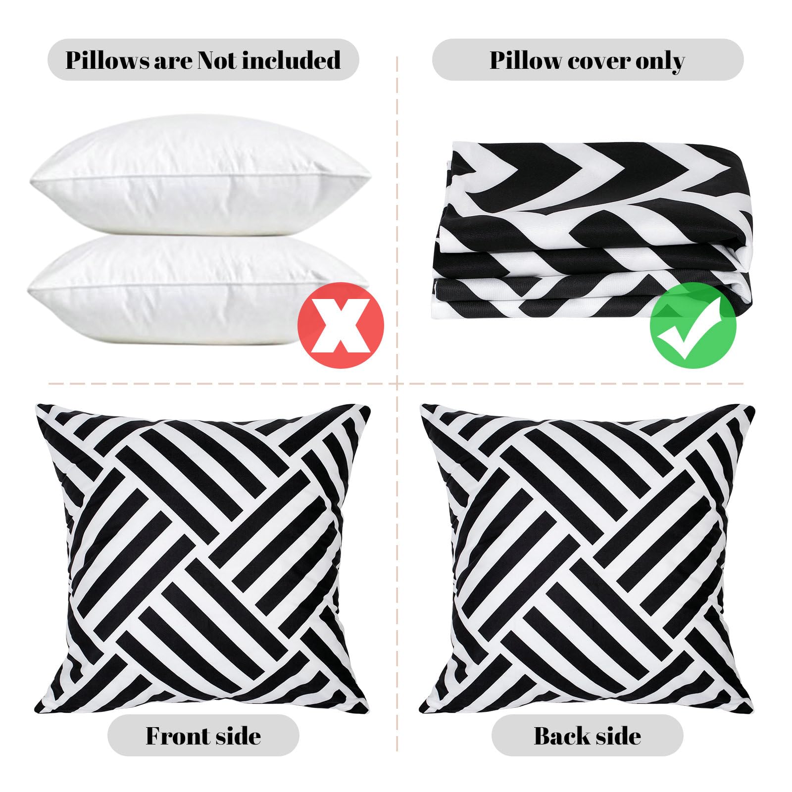 Federe Cuscini 50x50 cm, Copricuscini Divano Bianco e Nero Doppia Faccia Motivo Geometrico in Peluche Corto con Cerniera Federe per Soggiorno Camera Letto Divani da Esterno Set di 2