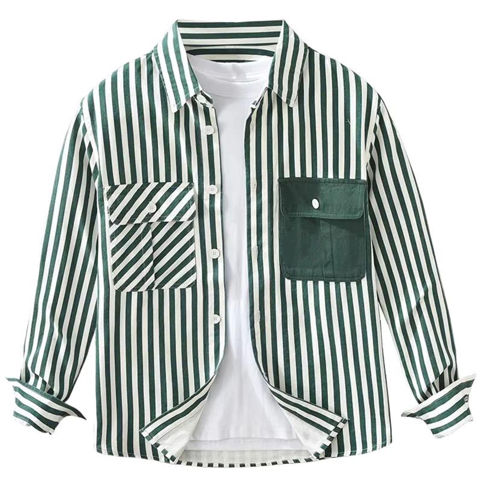 Camicetta da Uomo a Righe con Tasca a Maniche Lunghe, Top Leggero Casual Streetwear per Primavera e Autunno