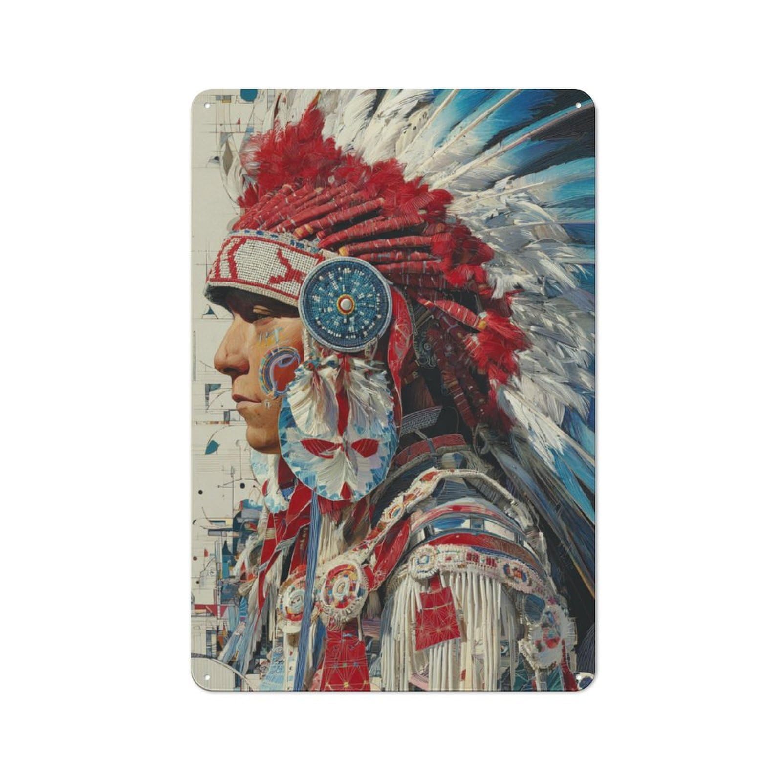 Junmoney Vibrant Native Headdress Art Retro Metal Gift Sign 30X20cm, Small Space Decor For Bedroom, Kitchen, Office Or Living Room
