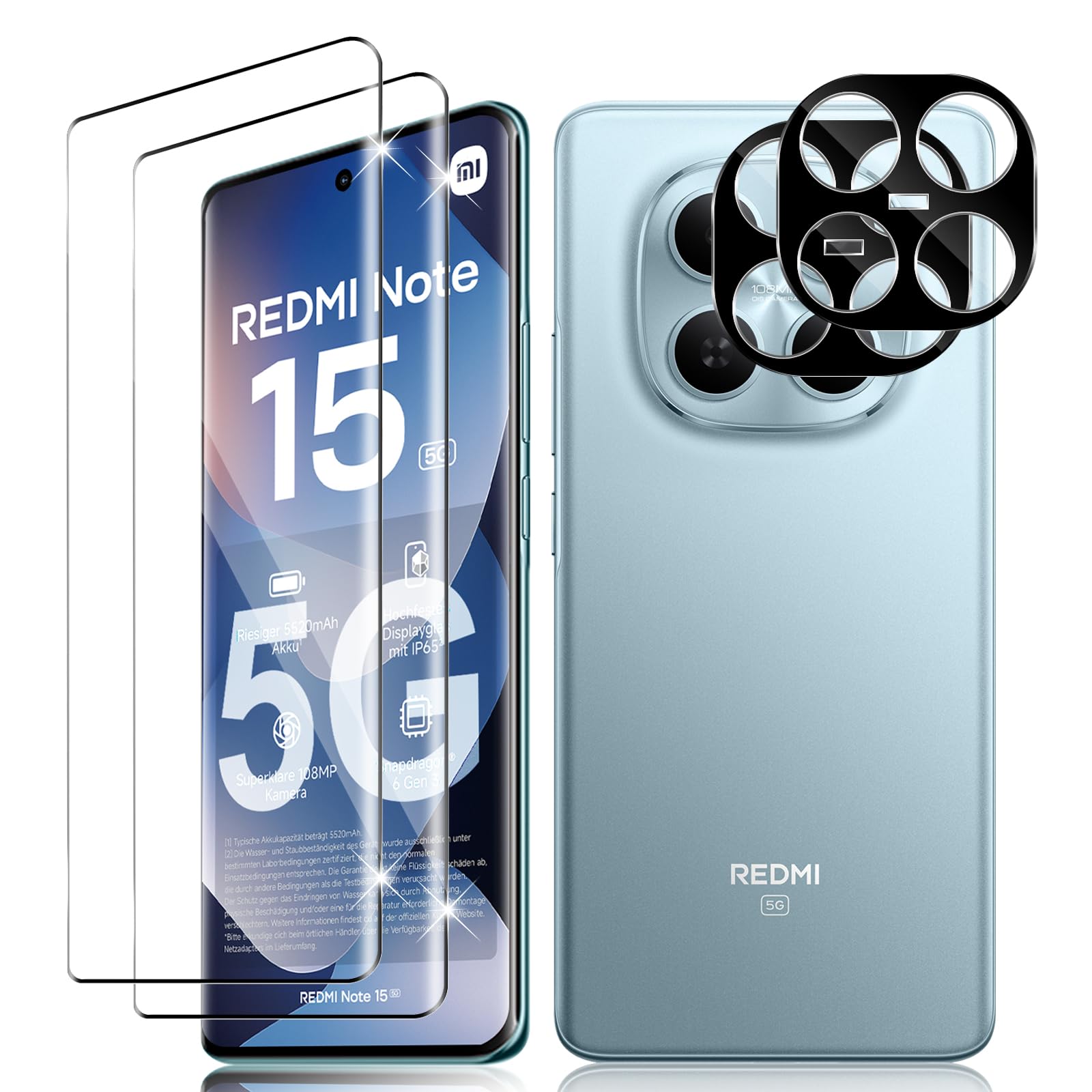 Vanrain für Panzerglas für Xiaomi Redmi Note 15 5G/POCO M8 5G, 2+2 Stück 3D Gebogenes Schutzfolie Schutzglas und Kameraschutz, 9H Härte Displayschutz HD Klar Anti-Kratze