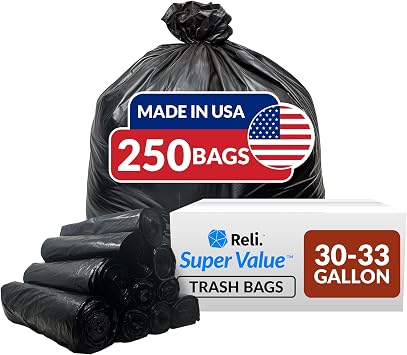 Reli. 33 Gallon Trash Bags Heavy Duty (250 Count Bulk), Made in USA | Black Garbage Bags 30 Gallo...