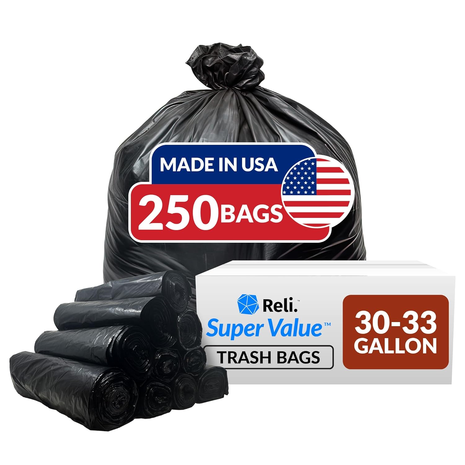 Reli 30-33 Gallon Trash Bags Heavy Duty 250 Count Bulk Black Large Trash Bags 30 32 Gallon Made