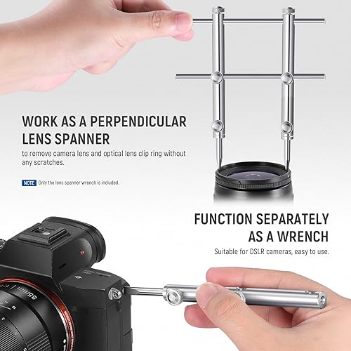 Miniatura 12 de NEEWER Llave inglesa de lente de acero inoxidable, herramienta profesional curvada de doble cara puntiaguda/plana de extracción de lentes con cuatro