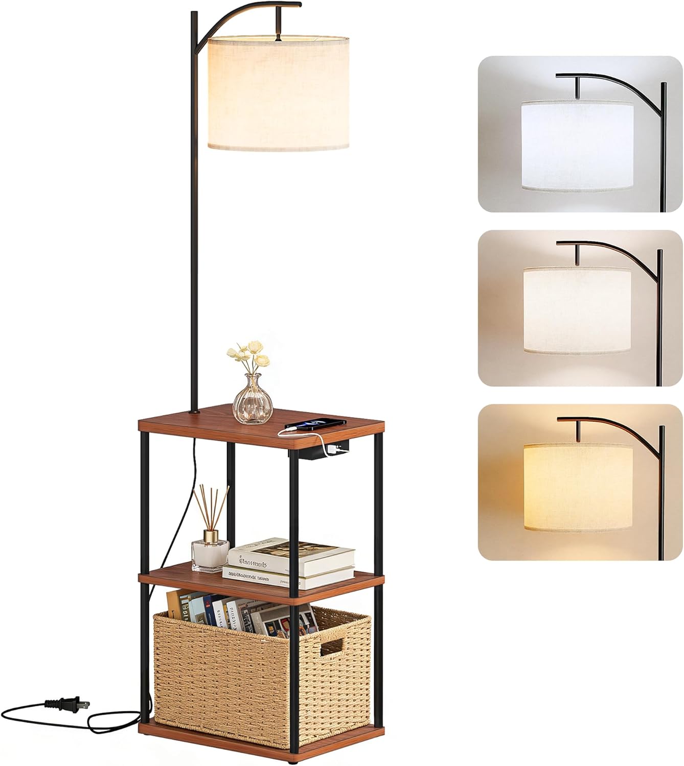 Floor Lamp with Charging Station, 3-Color Temperature LED Bulb (3000K Warm 4500K Natural 6000K Cool), Standing Light with USB & Type-C Ports, for Living Room Bedroom Office Dorm