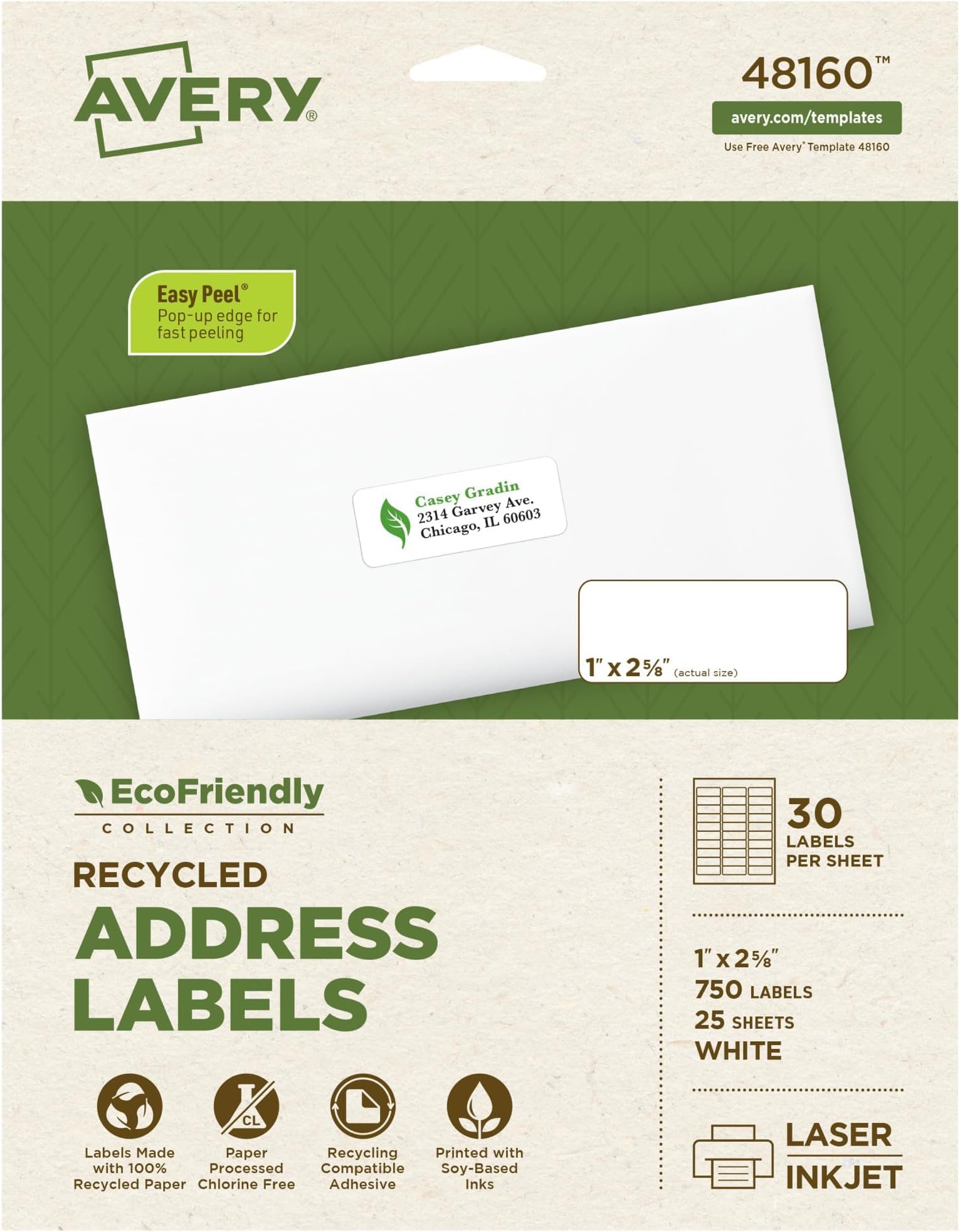 Avery EcoFriendly Recycled Address Labels, 1" x 2-5/8", White, Permanent Label Adhesive, 750 Printable Labels (48160) (Pack of 5)