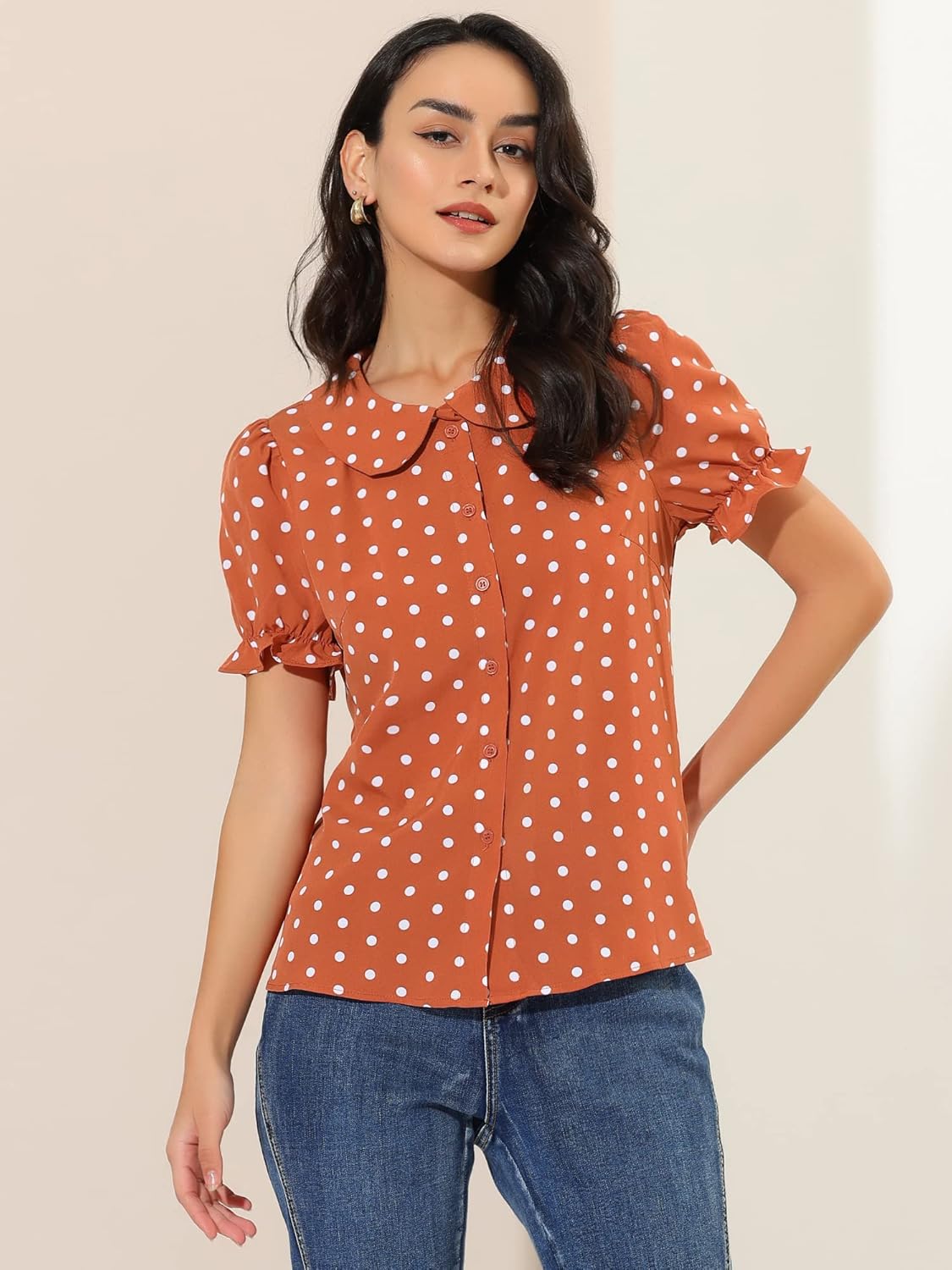 Allegra K Women's Polka Dots Shirt Short Puff Sleeve Vintage Button Up Peter Pan Collar Blouse Tops - Image 4