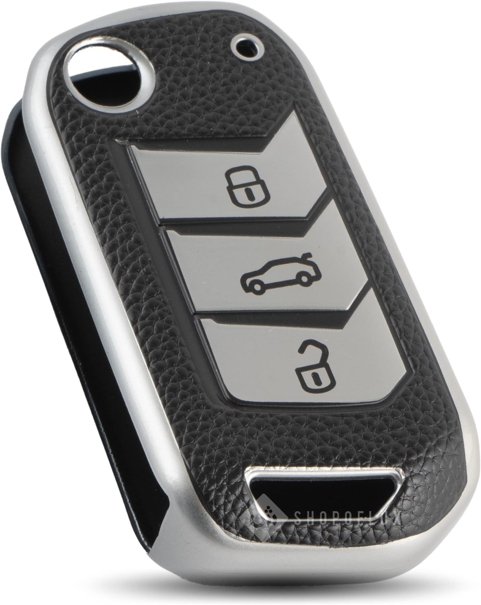 SHOPOFLUX TPU Leather Key Cover Compatible with Mahindra Scorpio | XUV 300 | Marazzo | XUV 700 | XUV 400 ev | Bolero | Thar 3 Button Flip Key (Black Silver)