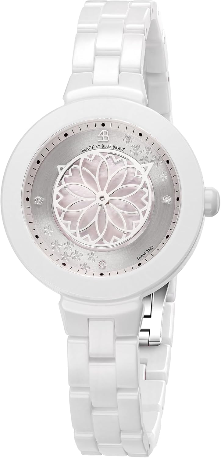 BLACK BY BLUE BRAVE Ceramic Watches for Women Stylish Cherry Blossom Pink Bracelet : 3 Genuine Diamonds, Sakura Petal Hand, 34MM Mother of Pearl Dial Floral
