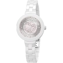 BLACK BY BLUE BRAVE Ceramic Watches for Women Stylish Cherry Blossom Pink Bracelet 3 Genuine Diamonds, Sakura Petal Hand, 34MM Mother of Pearl Dial Floral