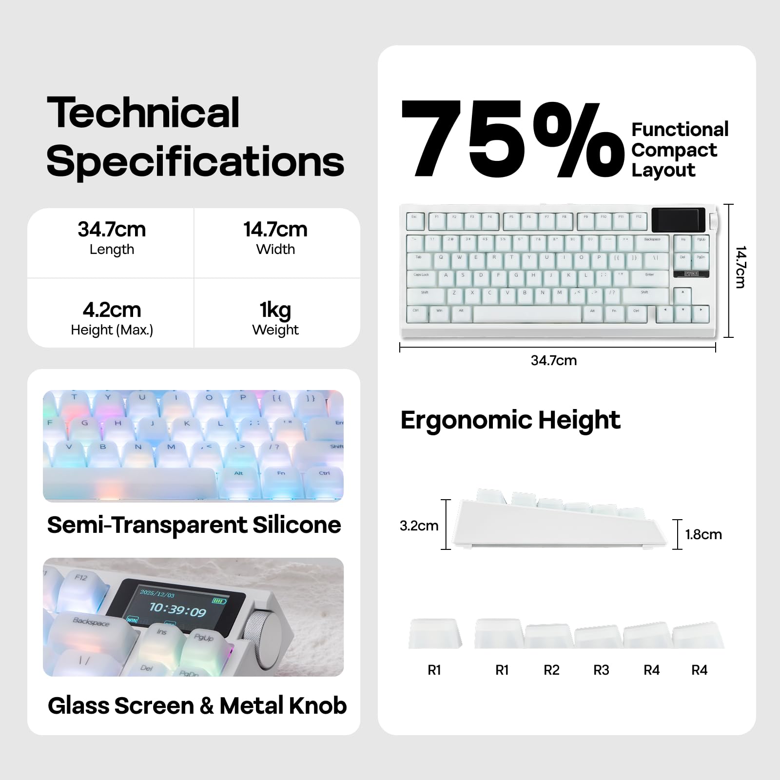 EPOMAKER G84 Pro Teclado Gaming Mecánico Inalámbrico del 75% con Batería de 8000mAh, Teclas de Silicona, 81 Teclas, Hot Swap, Controlador Personalizado, Retroiluminación RGB, Montaje Gasket (Blanco)