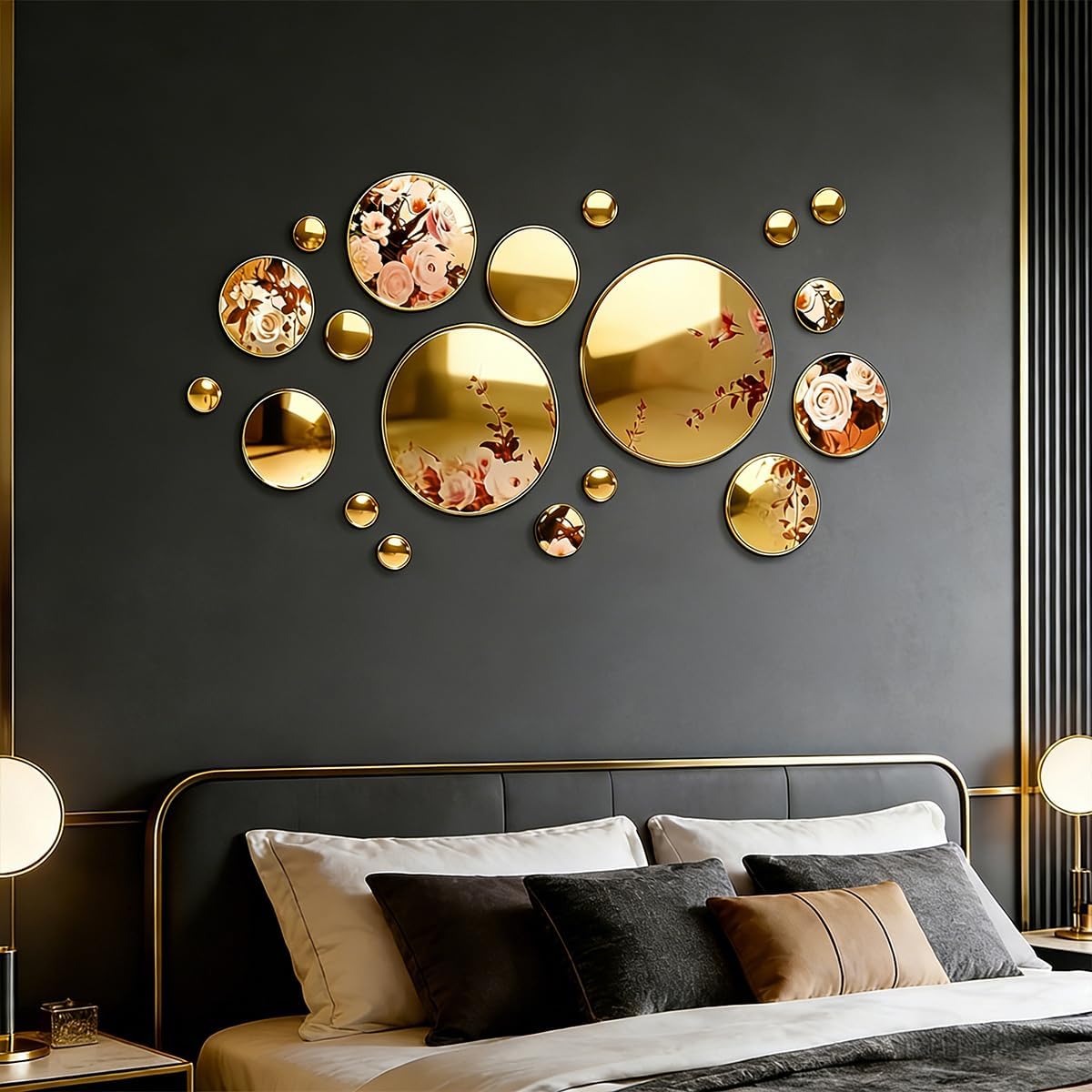 32 Pcs Acrylic Round Mirrors, Gold Circle Mirror Tiles Self Adhesive Mirror Stickers for Wall Home Living Room Bedroom Decor, Removable Small Decorative Mirrors for Crafts, Wall Decor (Large)