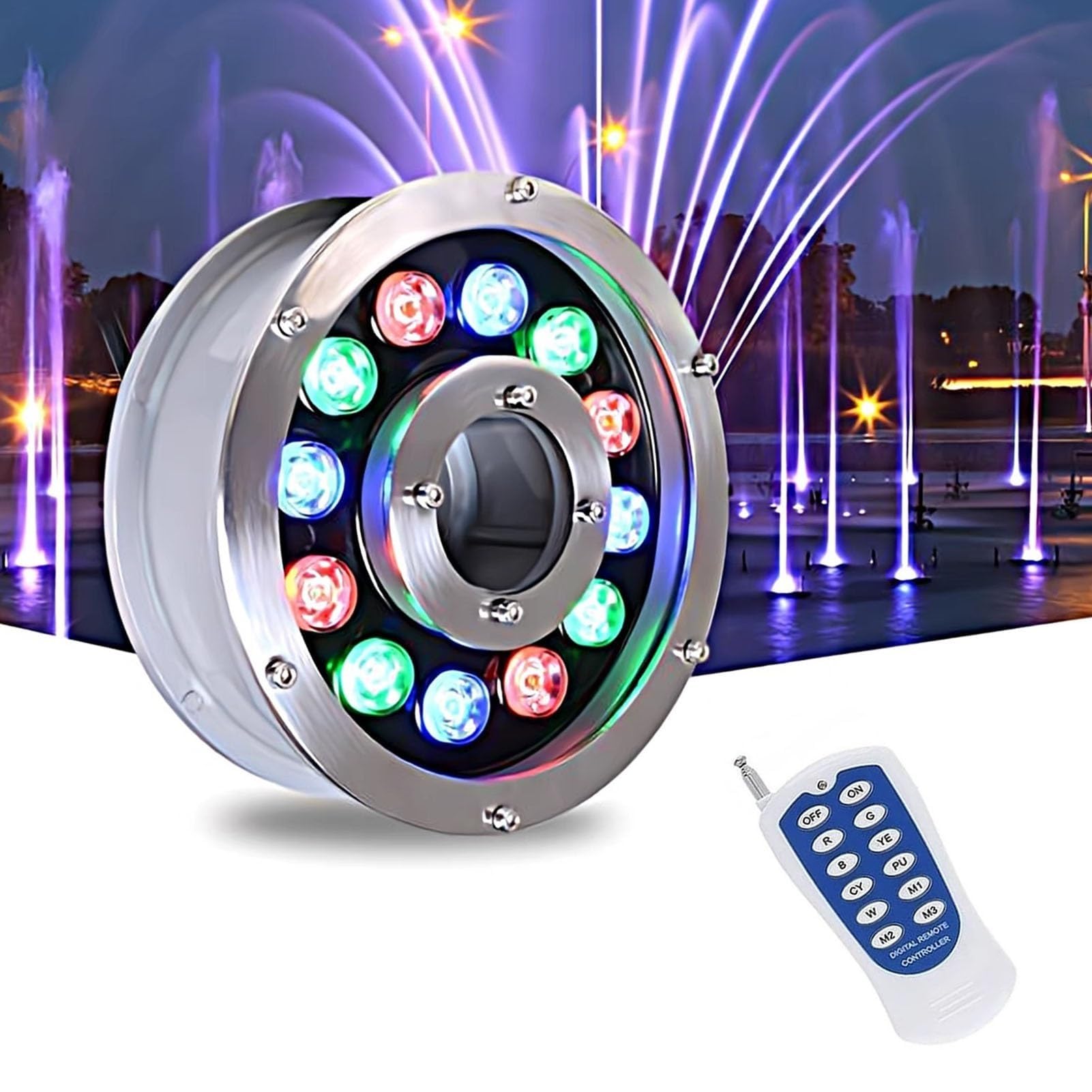 Submersible LED Pool Lights - With Remote Control Waterproof Underwater Light, 12/24V LED Underwater Spotlight, IP68 Waterproof Middle Hole Pond Lighting, RGB Lights With Remote Control ( Color : RGB+