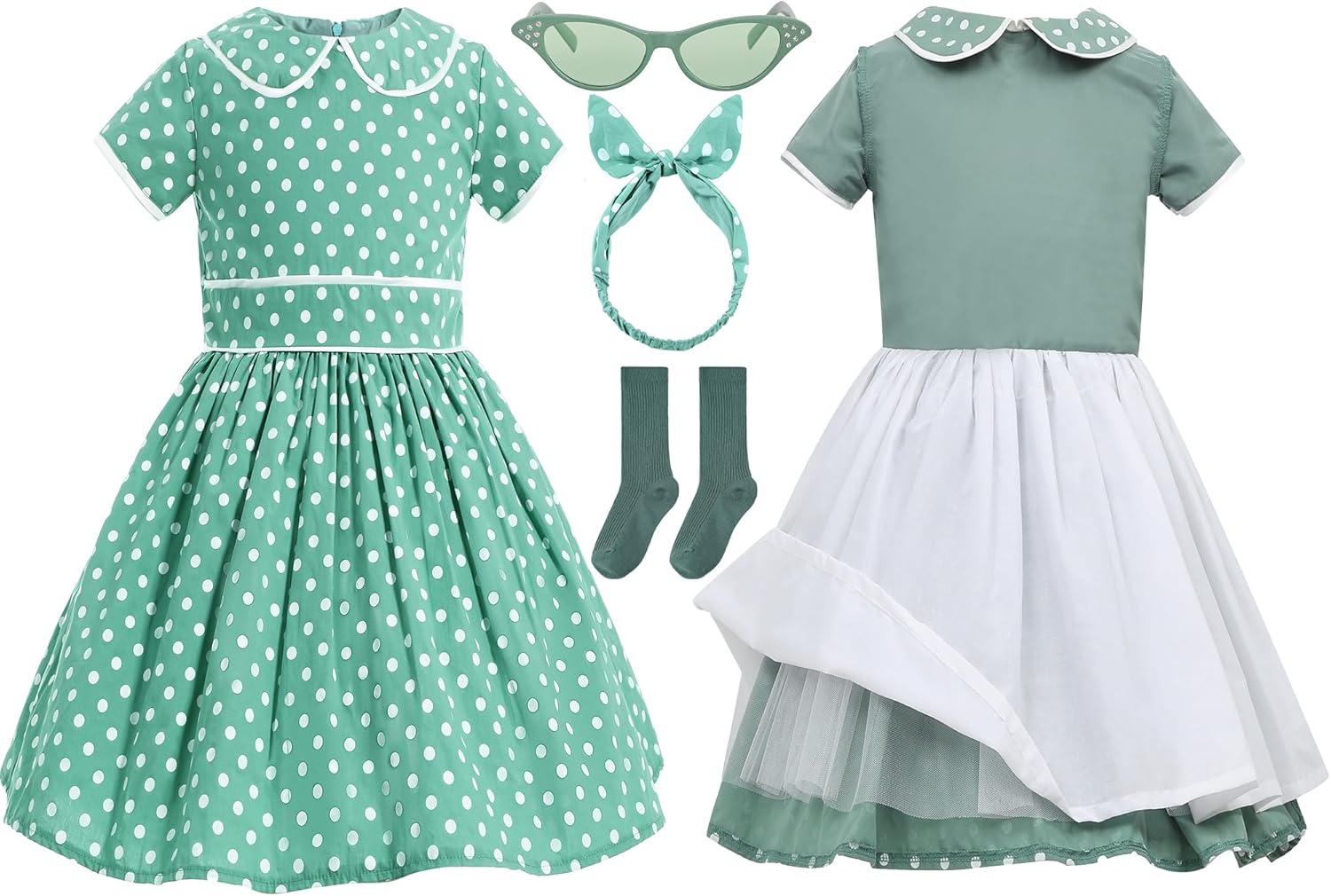 Leadtex Vintage 1950s Polka Dot Audrey Swing Dress 1950s Retro Party A-Line Dress for Girls with Glasses,Socks and Headband