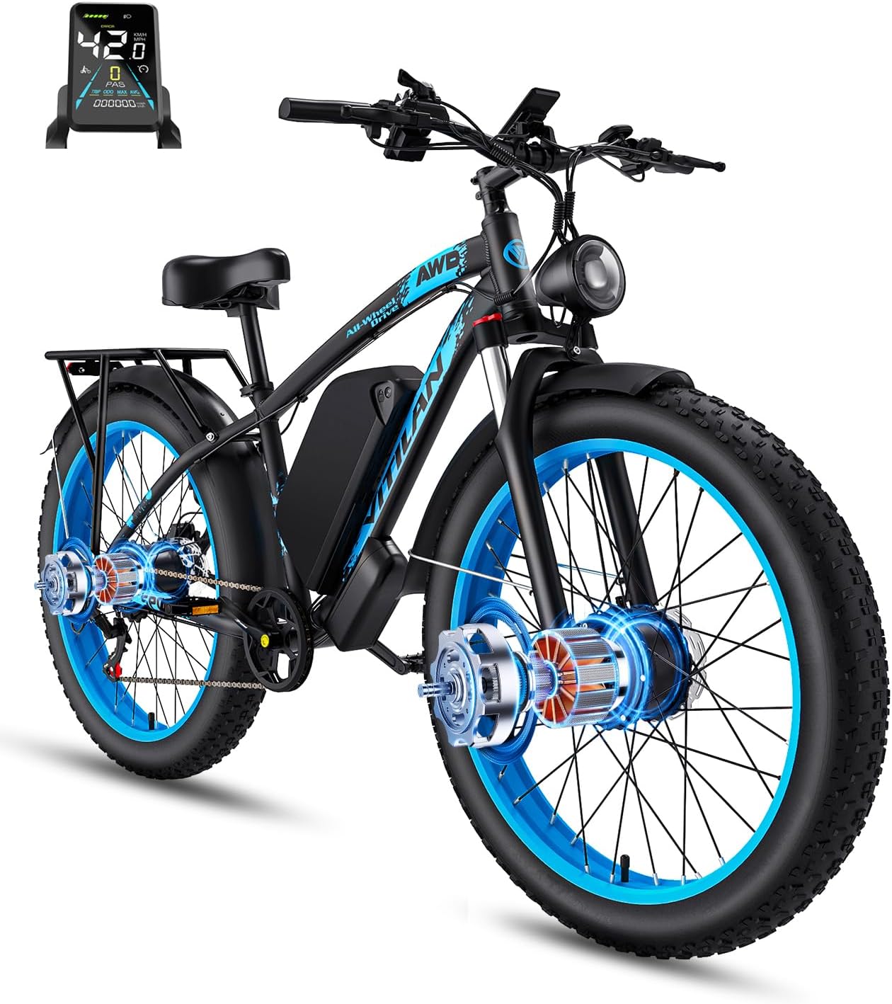 VITILAN H5 Dual Motor Ebike, 3000W E-Bike, 52V 25AH Long Range & 40 MPH High Speed Electric Bike, 24 Inch AWD Electric Bicycles for Adults Women, 3000W AWD Ebike for Off-Road, Street, Commute