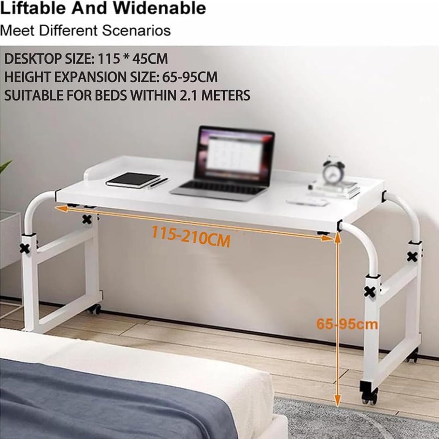 Crafting Table，Table On Wheels Foldaway Desk Reading Table Craft Desk Bed Laptop Table Folding Desk Height Adjustable Desk Work from Home Desk(Color:White+)