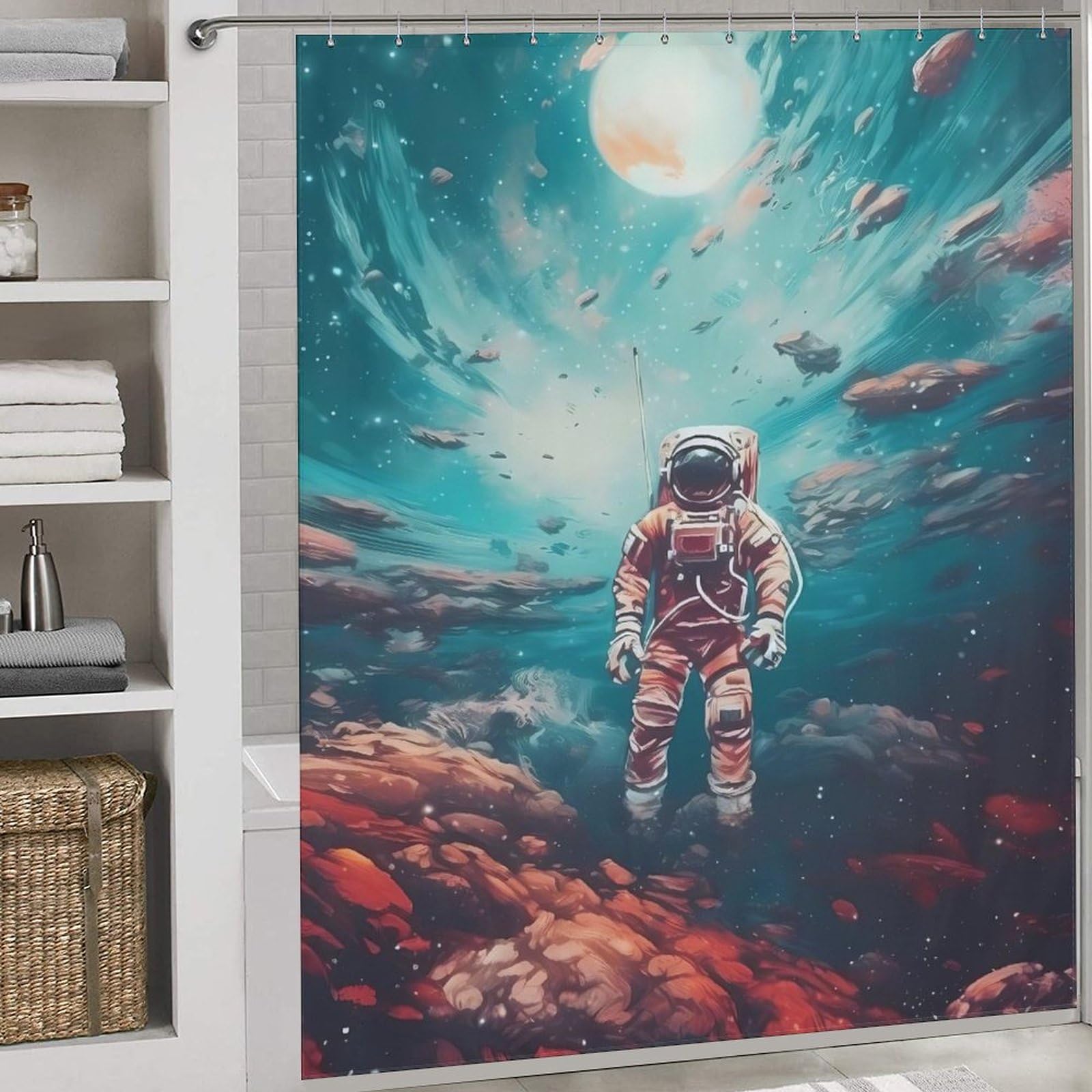 Rideau de douche astronaute anti-moisissure pour garder le sol sec