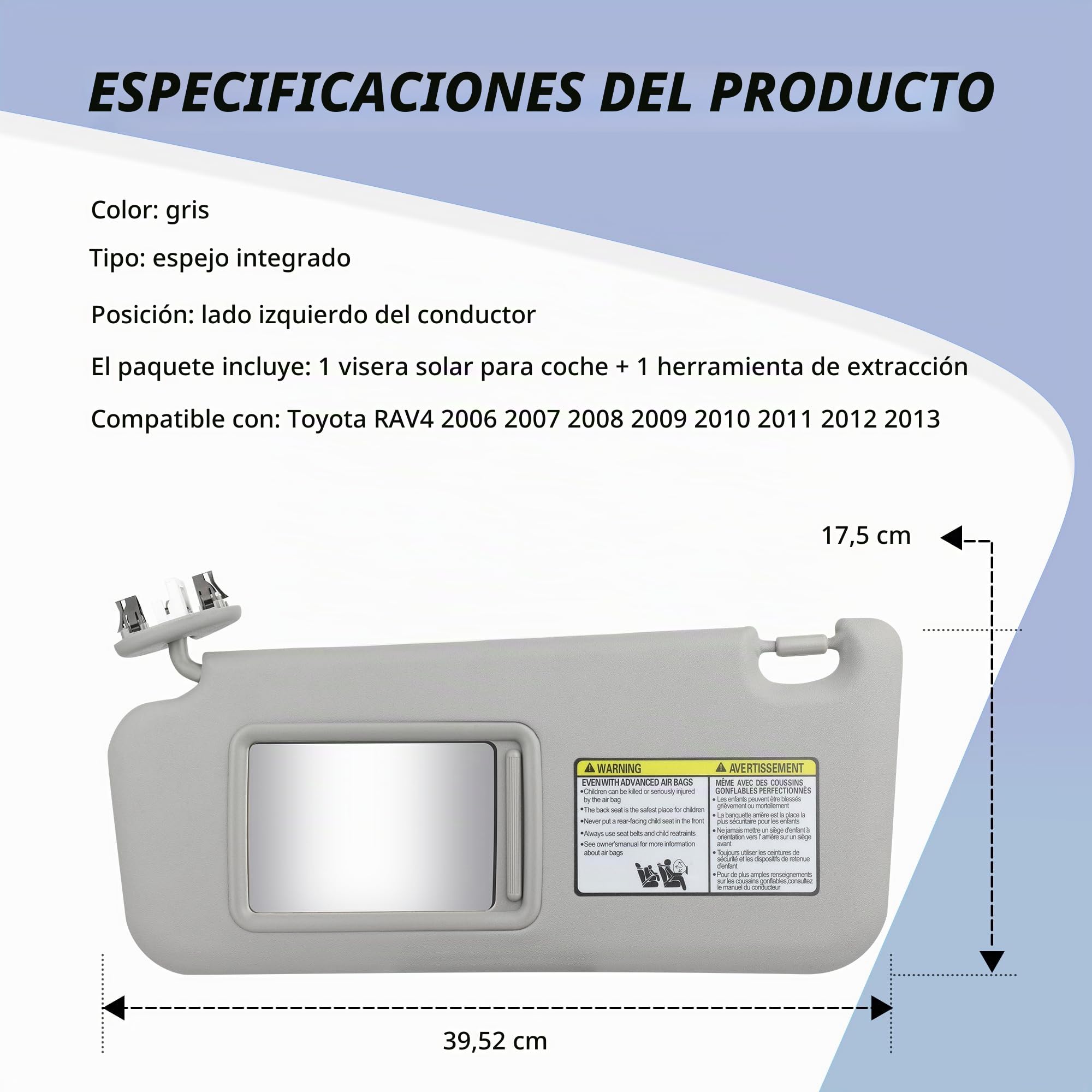 Visor solar gris para Toyota RAV4 2006 2007 2008 2009 2010 2011 2012 2013 con techo corredizo y luz, parabrisas izquierdo del lado del conductor. Reemplaza # 74320-42500-B0, 74320-42500-B3, 74320