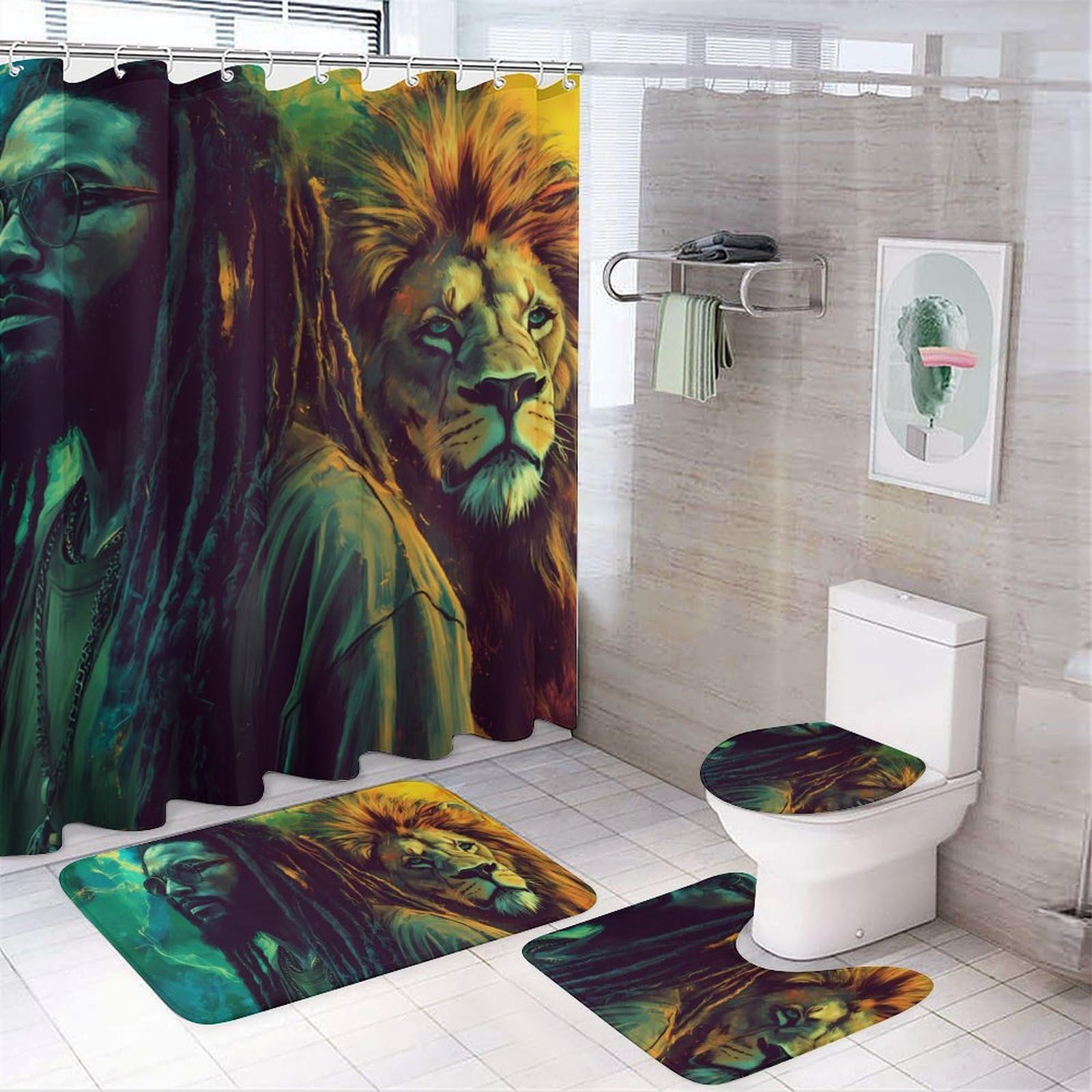 CGSBNGHA Rasta Lion Jamaican Shower Curtain Set 4 Piece Bathroom Sets with Rugs Toilet Lid Cover And U-Shaped Floor Mat