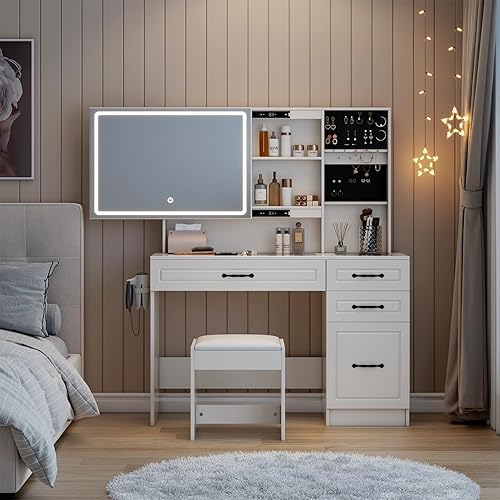 Miniatura 7 de AMERLIFE Juego de mesa de maquillaje con espejo doble deslizante y luces LED, tocador grande de 45 pulgadas con estación de carga, 4 cajones y