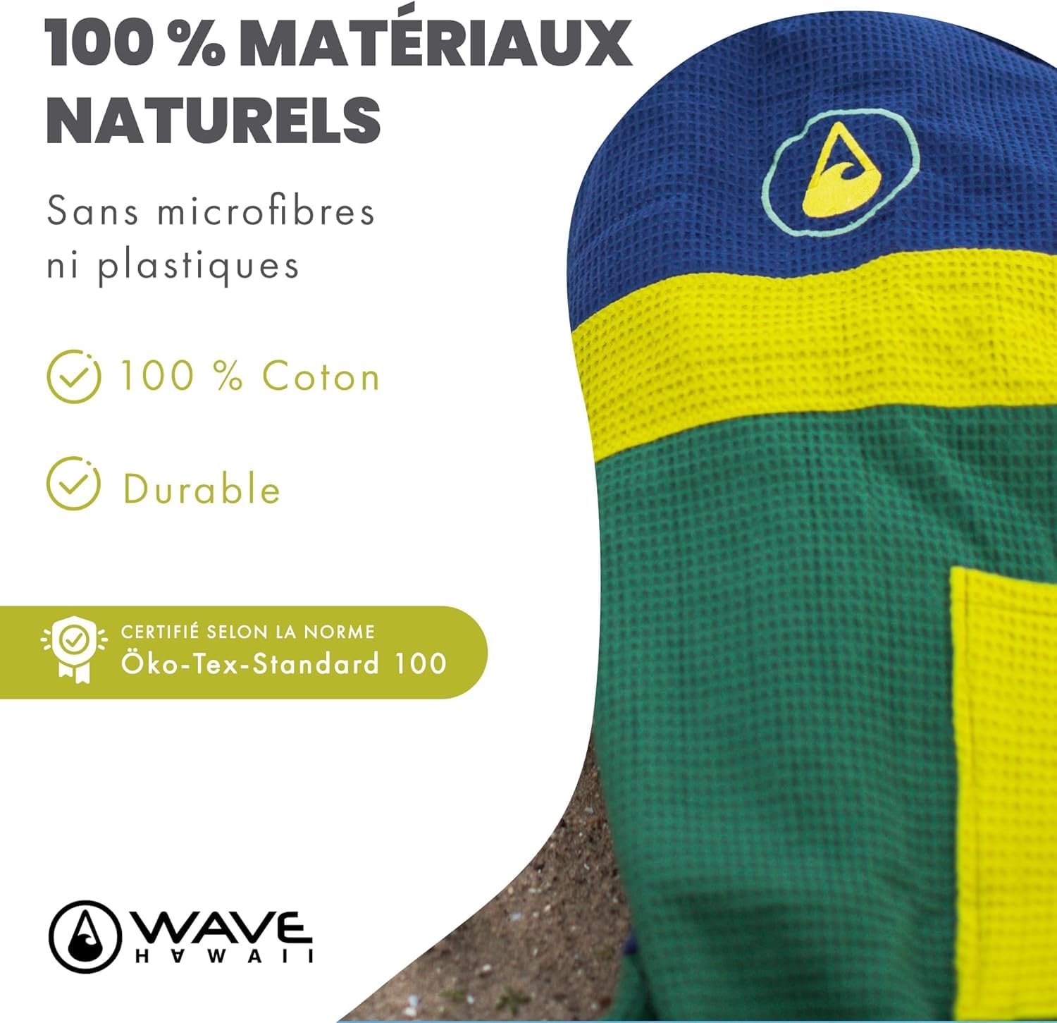 Poncho De Voyage WAVE HAWAII 100% Coton - Repliable En Oreiller - Poche Ventrale - Taille S/M Et L/XL