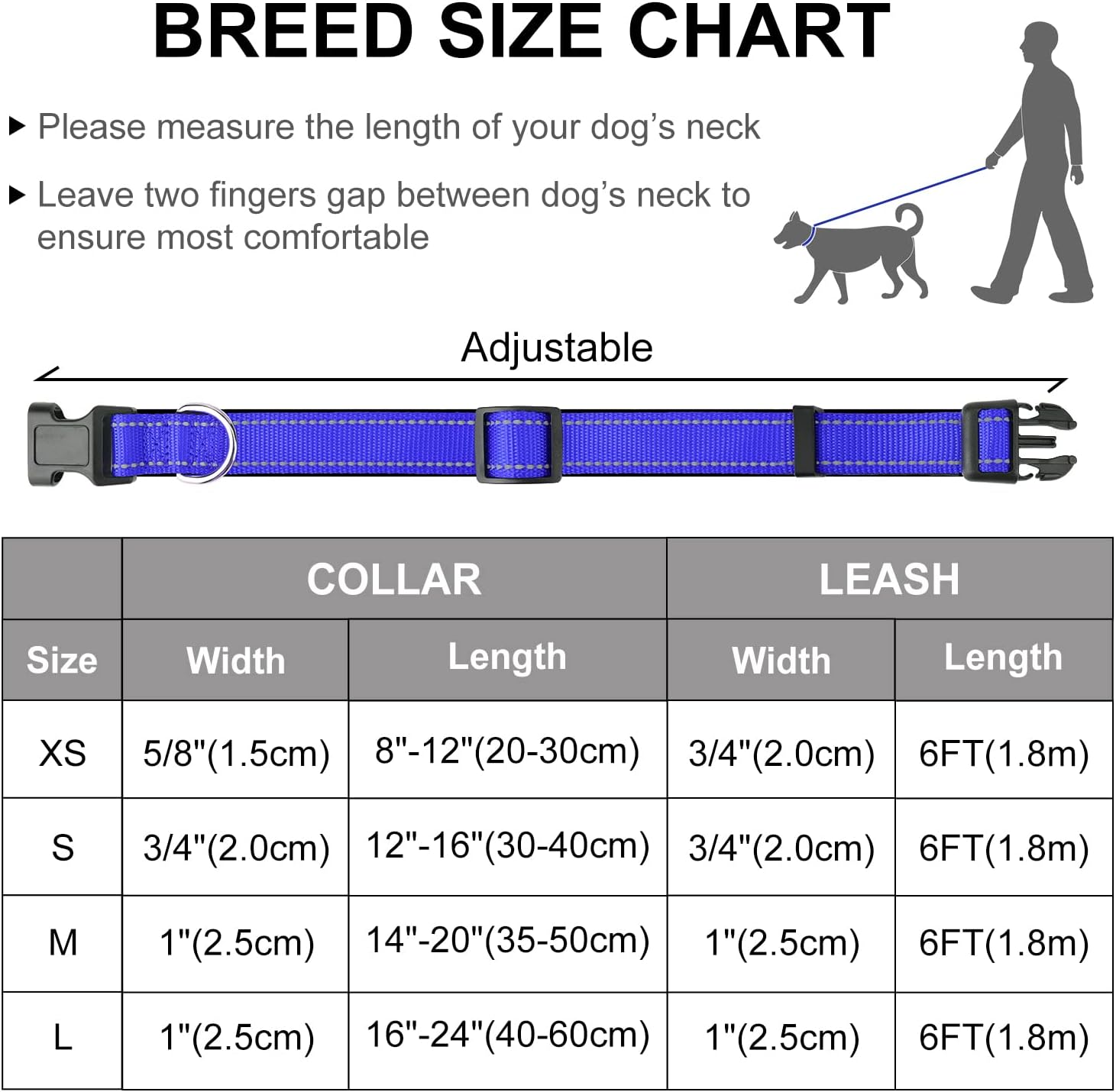 Dynmeow Reflective Dog Collar and Leash Set, Adjustable Pet Collar with Soft Neoprene Padded for Small Medium Large Dogs, Standard Leash, Navy Blue, L