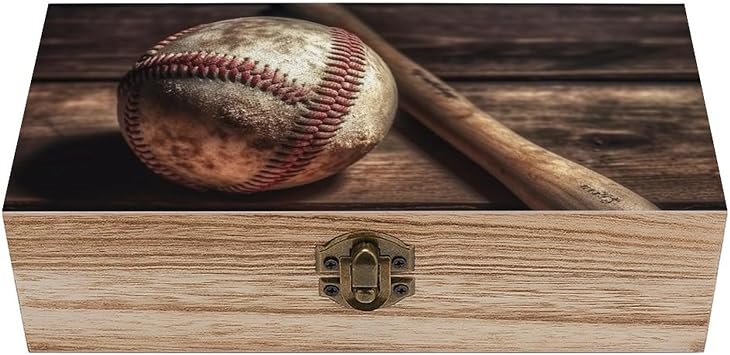 Wooden Storage Box Large Wooden Keepsake Box Baseball On Wooden Jewelry Box with Lid And Front Clasp Office Desk Organizer Bins Wood Gift Box Decorative Wood Box for Crafts