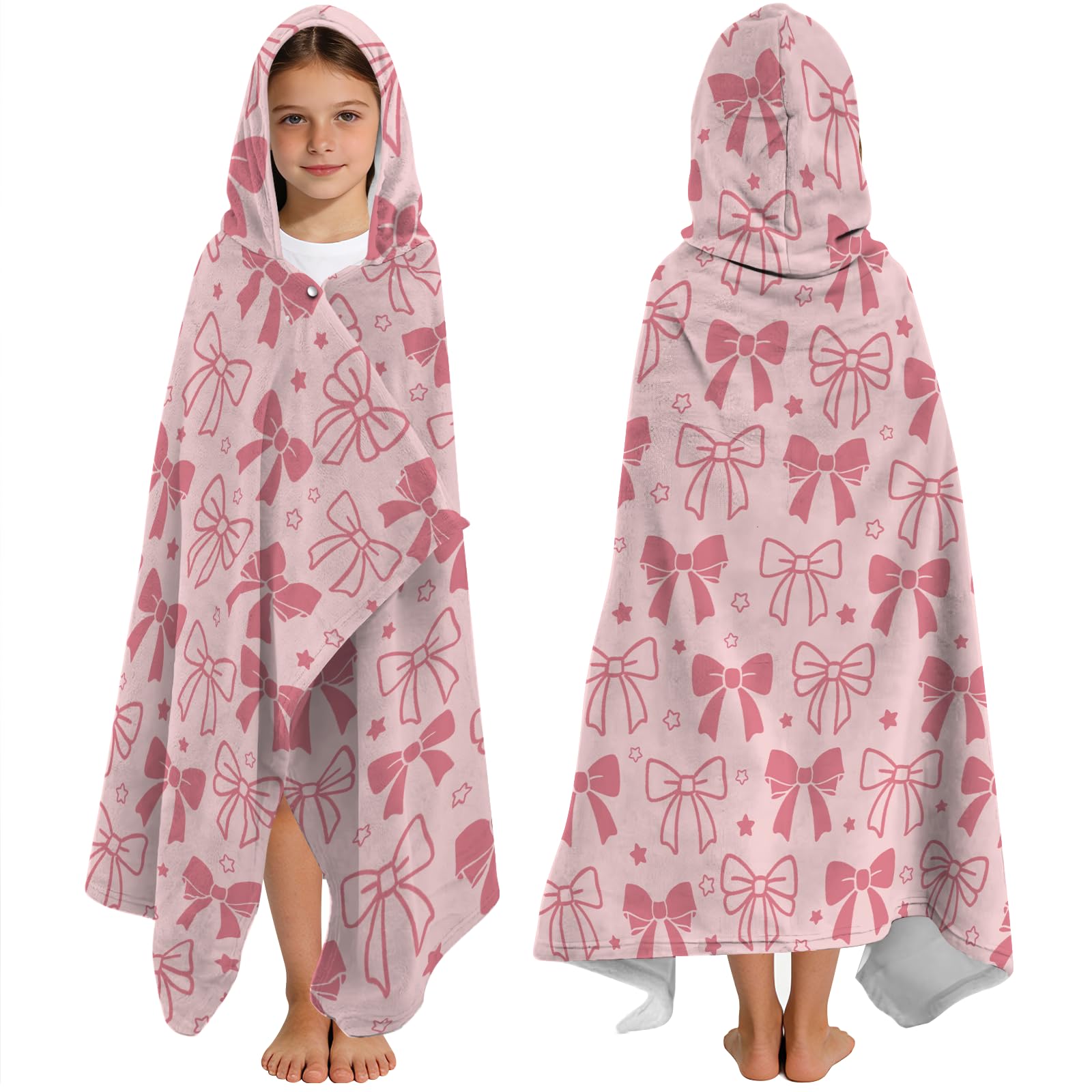 Yasrlvun Pink Bow Hooded Towels for Kids 130x100cm Poncho Towels for Kids Boys Girls Teens Beach Towel for Swimming Pool Bowknot Wearable Bath Towel