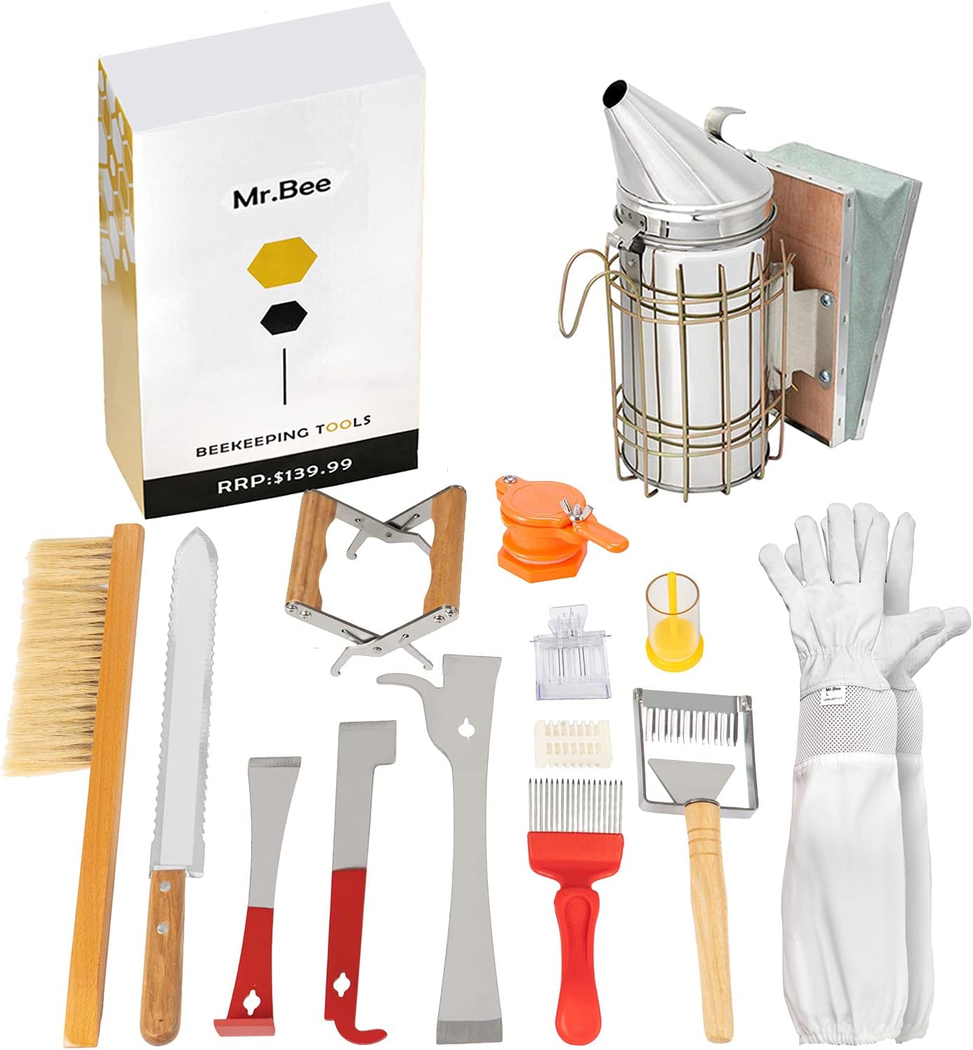 Beekeeping Supplies Tools Kit 14 Pcs for Beekeeper Necessary Bee Hive Supplies Beekeeping Starter Tool Kit PRO Edition