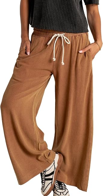 Songling Linen Pants Women Casual Palazzo Drawstring Elastic Waist Flowy Pants Wide Leg Summer Beach Trousers with Pockets