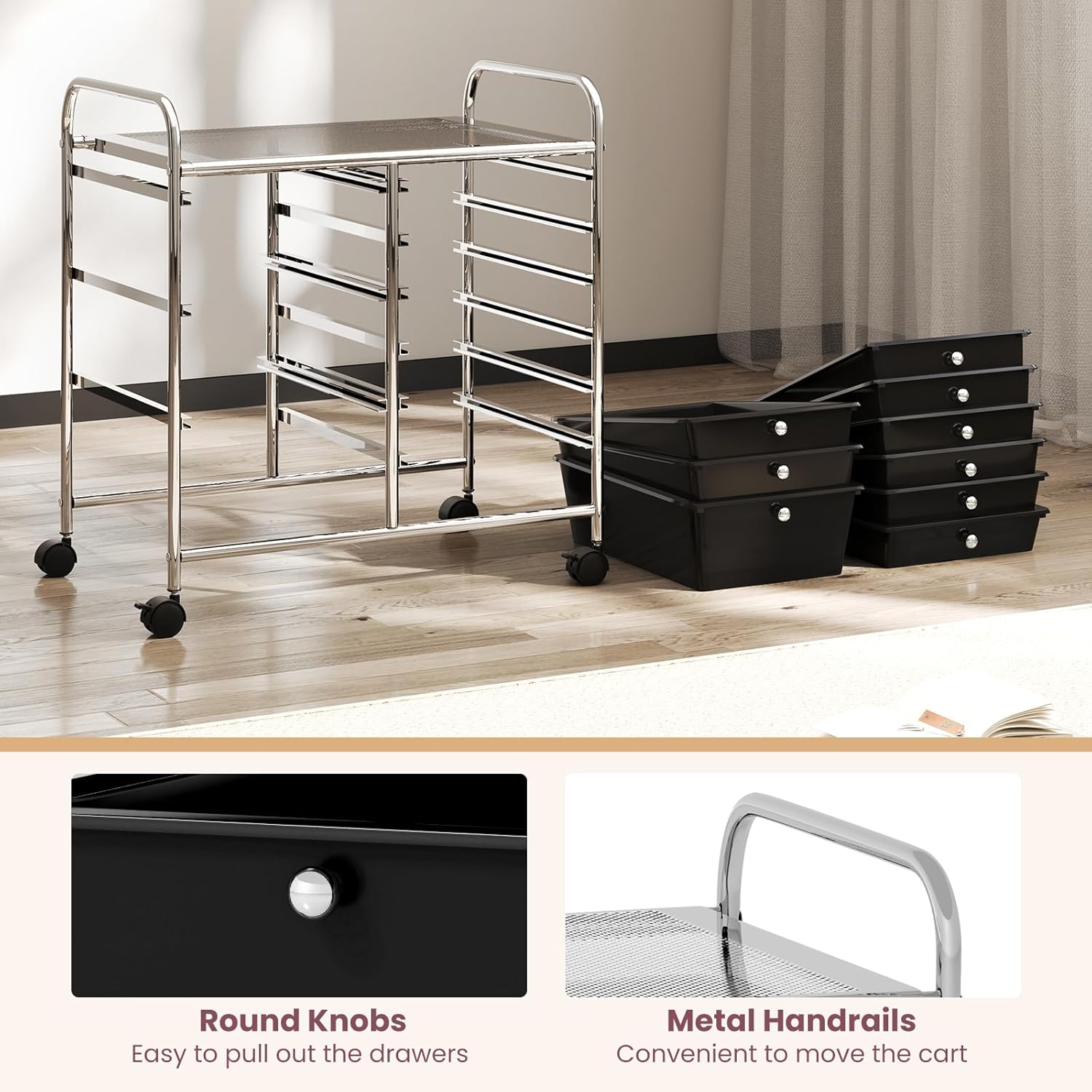 Nightcore Rolling Cart Storage Cart with 9 Drawers, Mobile Utility Cart with Wheels, Classroom Organizers for Teacher Office Home School Supplies Tool Craft Art Paper (Black)