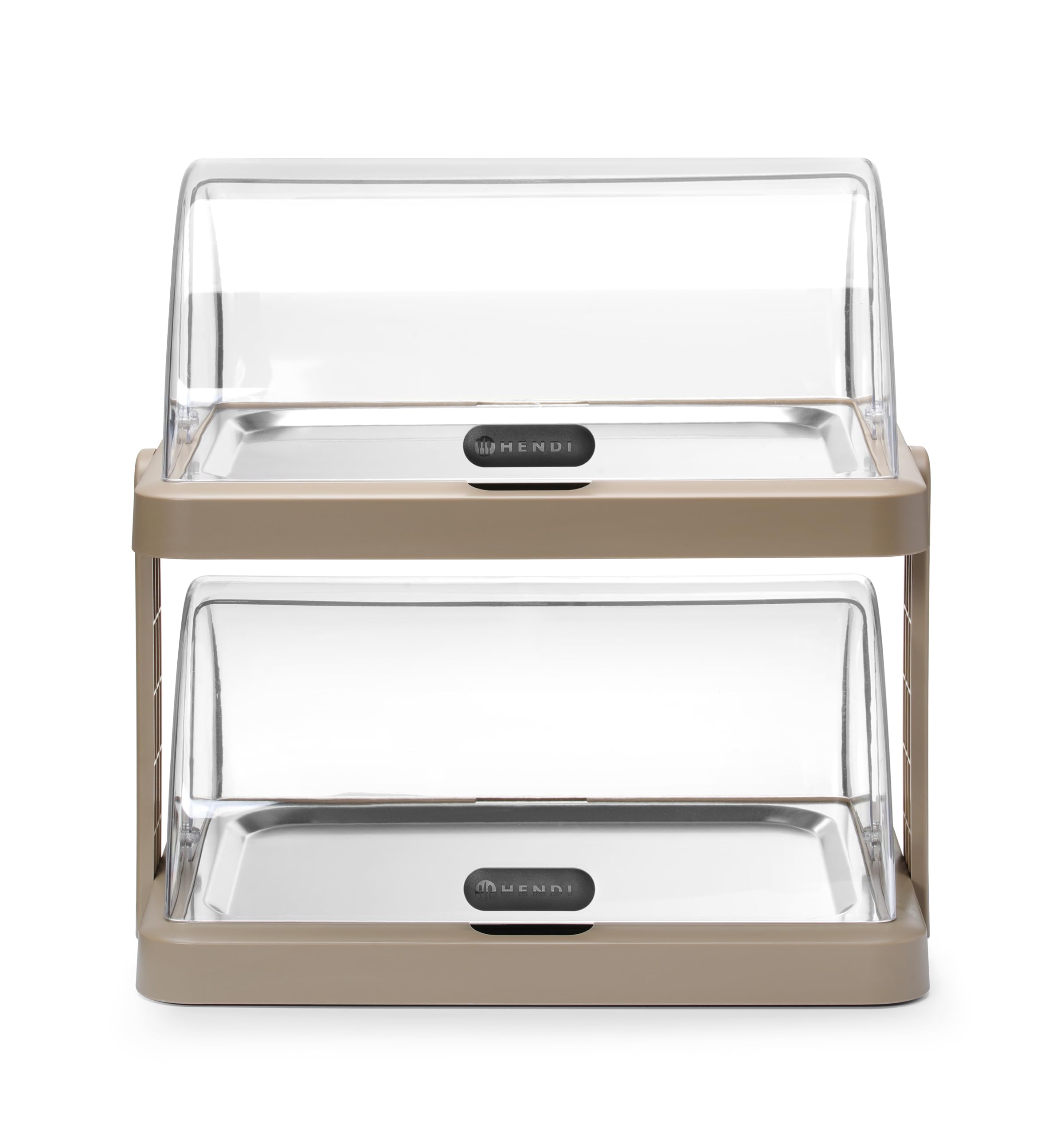 HENDI Vitrine réfrigérée double de présentation Duo UNIQ, Beige | ABS et PET transparent, 2 couvercles coulissants roll-top, 2 plateaux inox 40x30cm, 4 accumulateurs de froid,480x355x(H)480mm