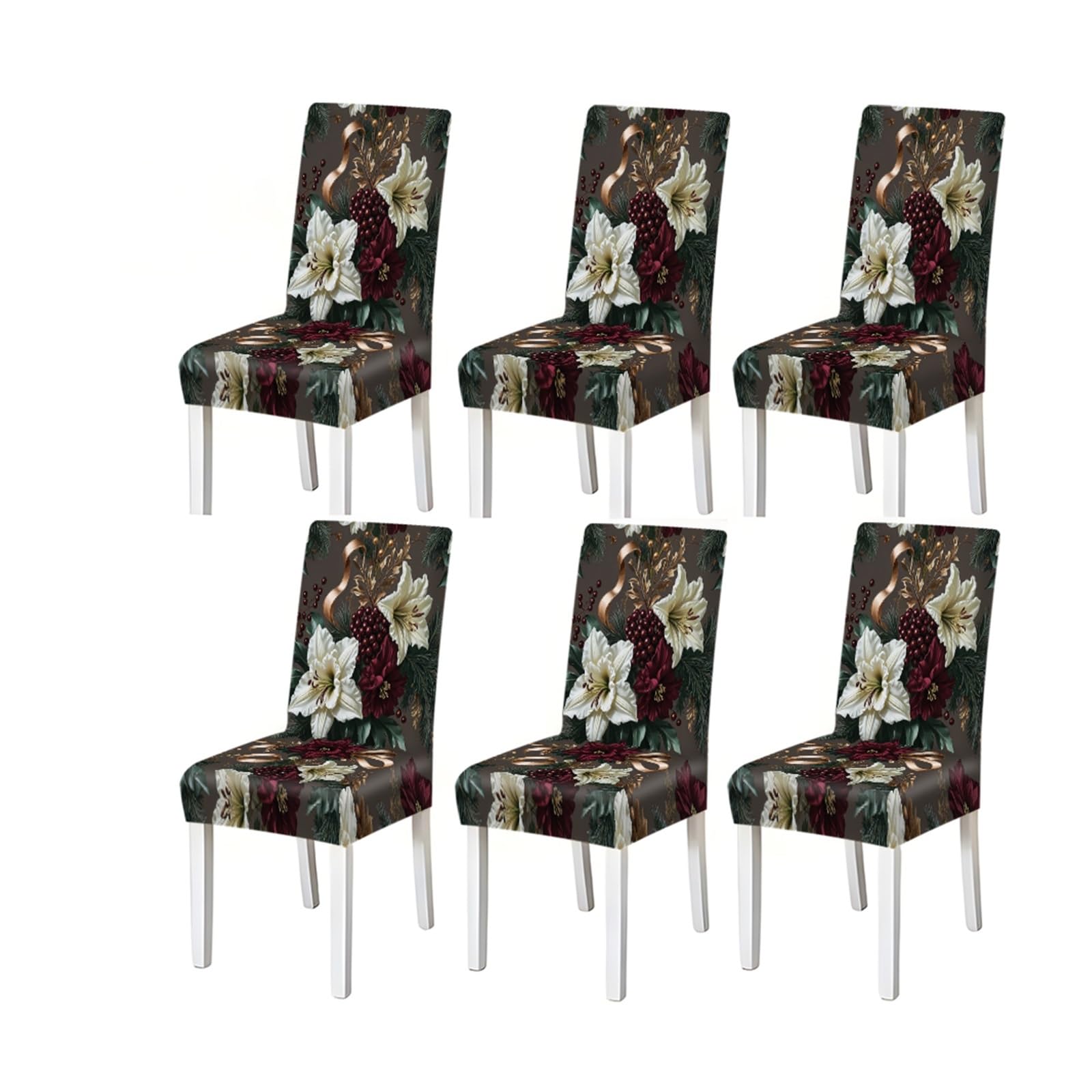 BOSUYBN Luxury Christmas Poinsettia Lily Berry Print Stretch Dining Chair Covers, For Home Kitchen Dining Room Party, 2/4/6 PCS Furniture Protectors for Home Dining Room(6PCSChair cover)