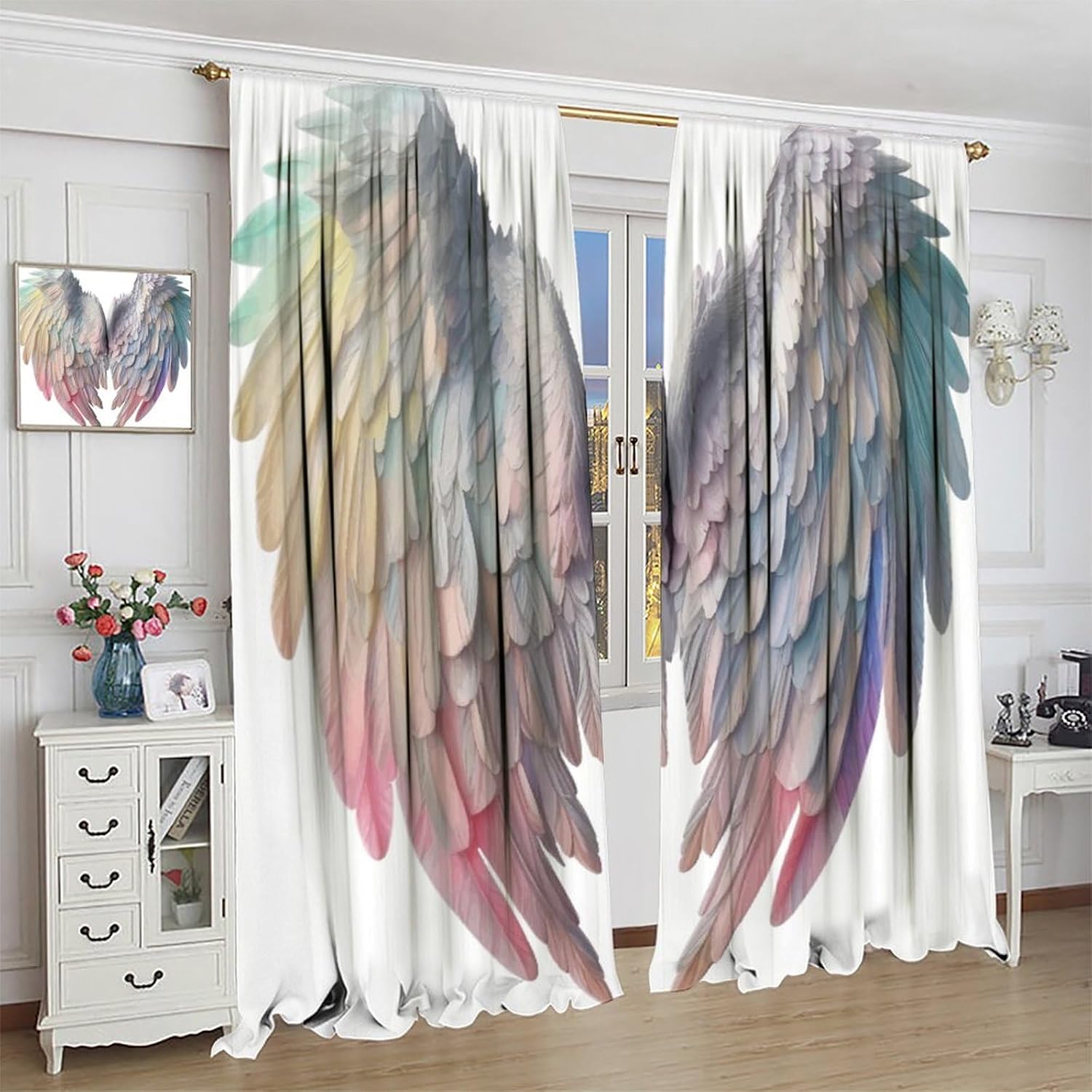 Angel Wing Printed Curtains for Boys Kids White Feather Rod Pocket Blackout Window Drapes for Bedroom Living Room Kitchen Cafe Decor （W21xL45 Inch） x2 Decor image 4