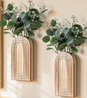 DREAMLOOM 2 Pack Wooden Wall Vases with Fake Plants, Wall Hanging Planters Boho Modern Farmhouse Indoor for Narrow Spaces Entryway Bathroom Home Office Decoration, Brown