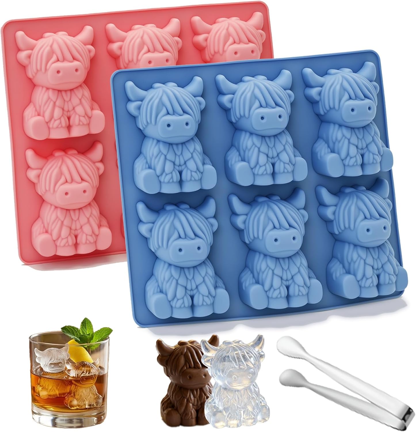 Mini Highland Cow Ice Cube Mold, 3D Silicone Tray with Tongs