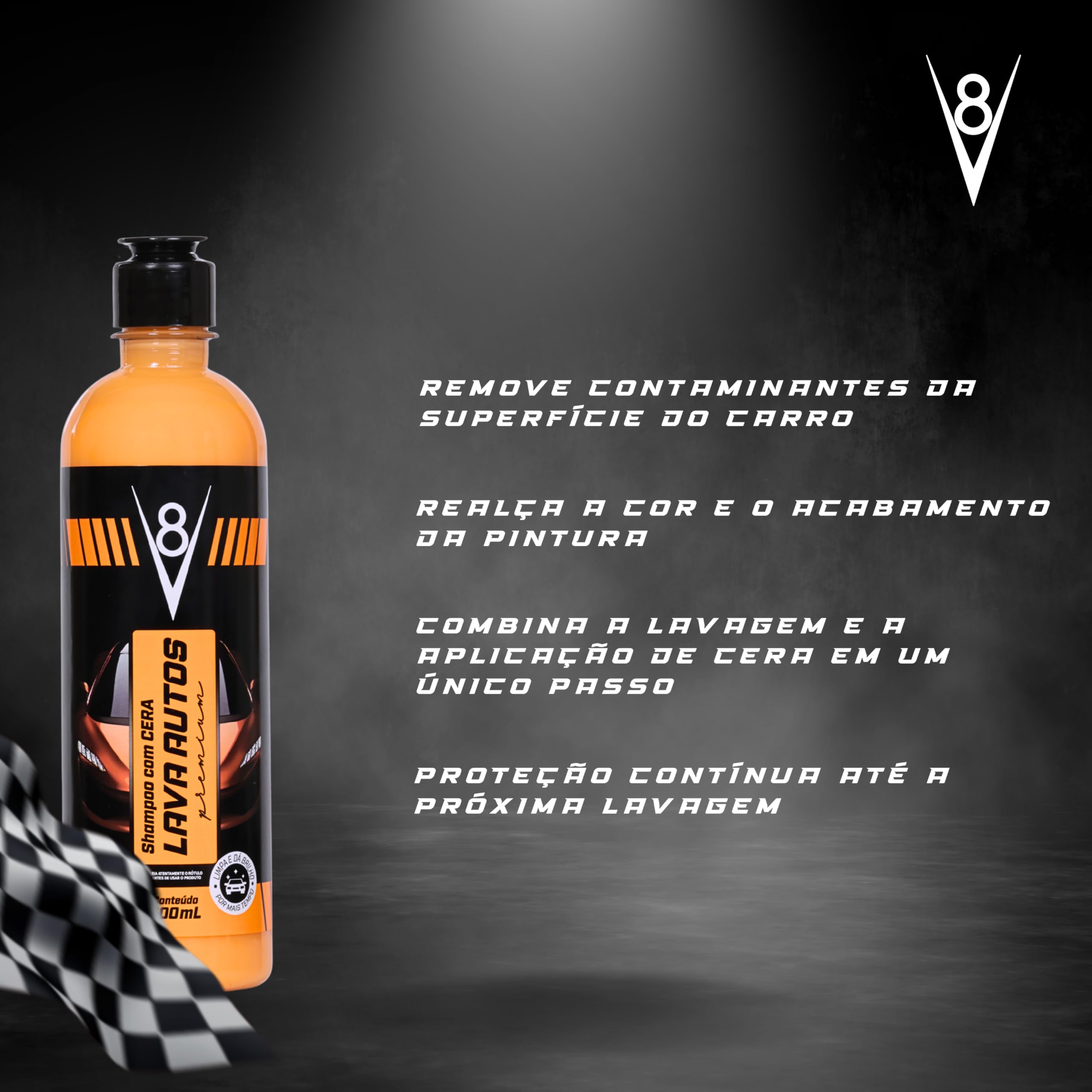 Shampoo com Cera para Limpeza Automotiva, V8, 500 ml, Amarelo