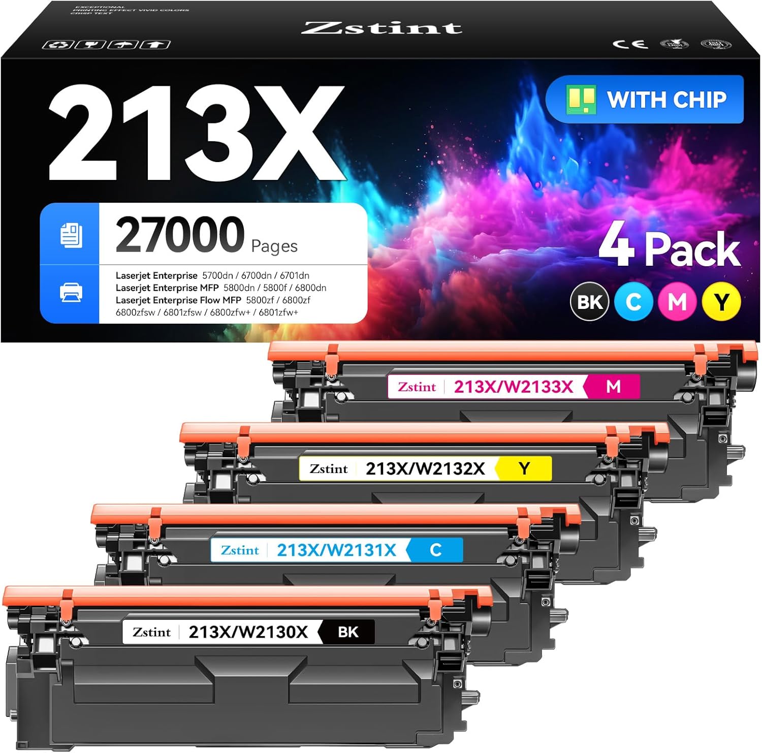 213X High Yield Toner Cartridge Set 4-Pack Replacement for HP 213X 213A W2130X Compatible with HP Laserjet Enterprise 5700 5800 6700 6701 6800 6801 5700dn 6700dn Printer Ink Black Cyan Magenta Yellow