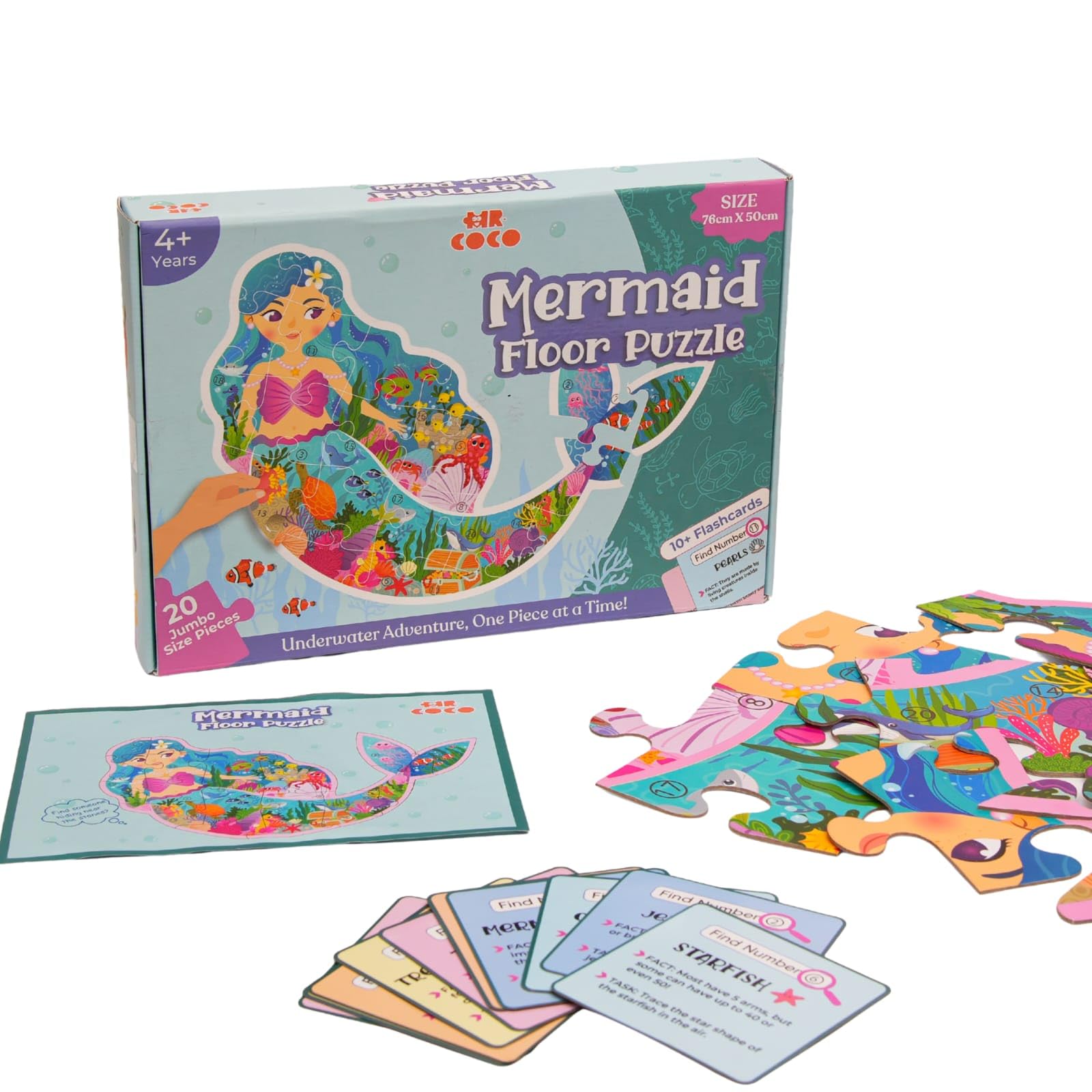 Mr. Coco Mermaid Floor Puzzle for Kids | Giant 76cm x 50cm Shaped Jigsaw | 20 Hidden Elements & 10 Double Sided Flashcard | Find, Learn & Play | Educational Toy for Girls & Boys Ages 4, 5, 6, 7 & Up-image-45
