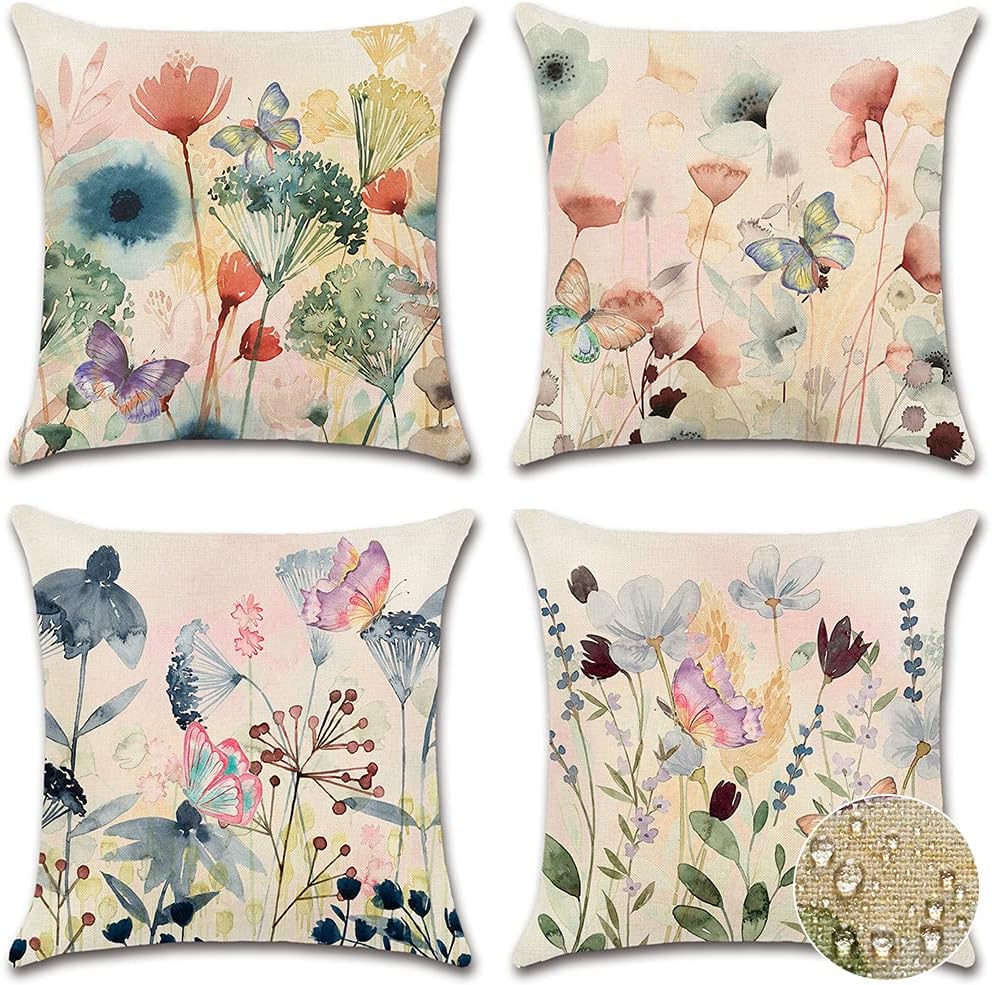 OTOSTARSet of 4 Waterproof Outdoor Decorative Throw Pillow Covers 18x18 Inch Linen Pillow Covers Square Watercolor Floral Cushion Case Garden Pillowcase for Patio Couch Tent (Butterfly and Flowers)